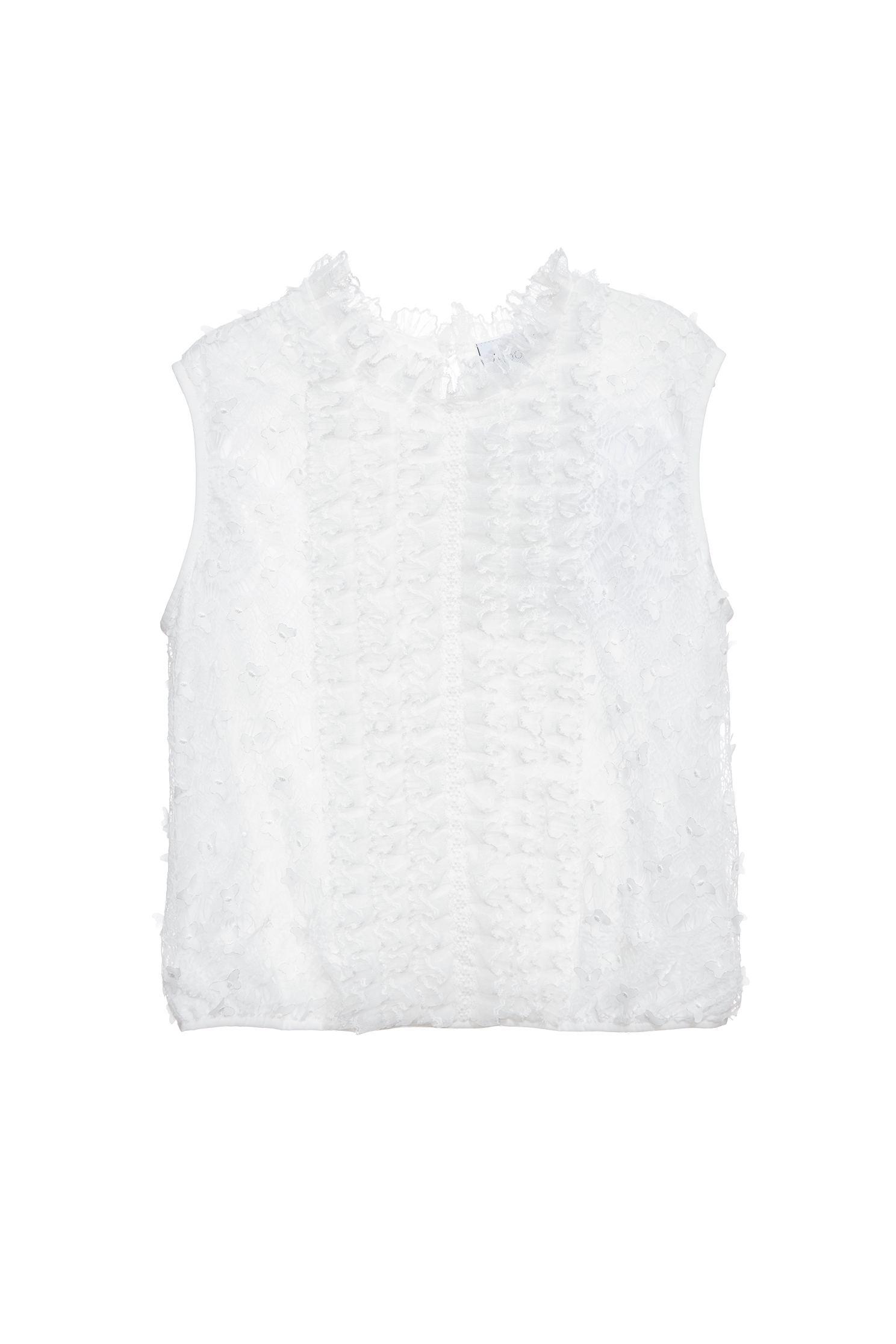 Butterfly Detail Ruffle Lace VestButterfly Detail Ruffle Lace Vest,sleeveless tops,Tops,Embroidered,Season (SS) Look,White tops,sleeveless tops,Lace