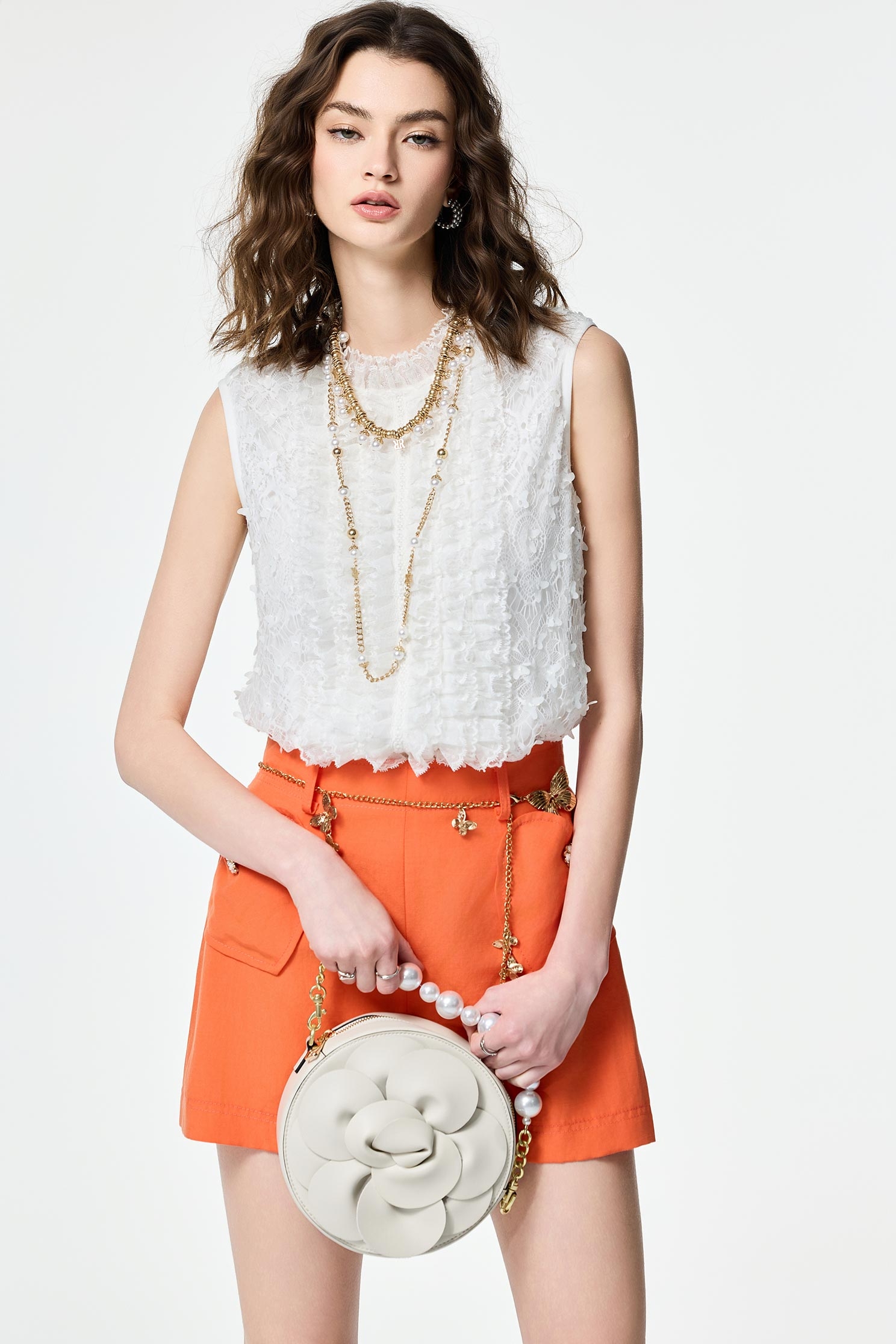Butterfly Detail Ruffle Lace VestButterfly Detail Ruffle Lace Vest,sleeveless tops,Tops,Embroidered,Season (SS) Look,White tops,sleeveless tops,Lace