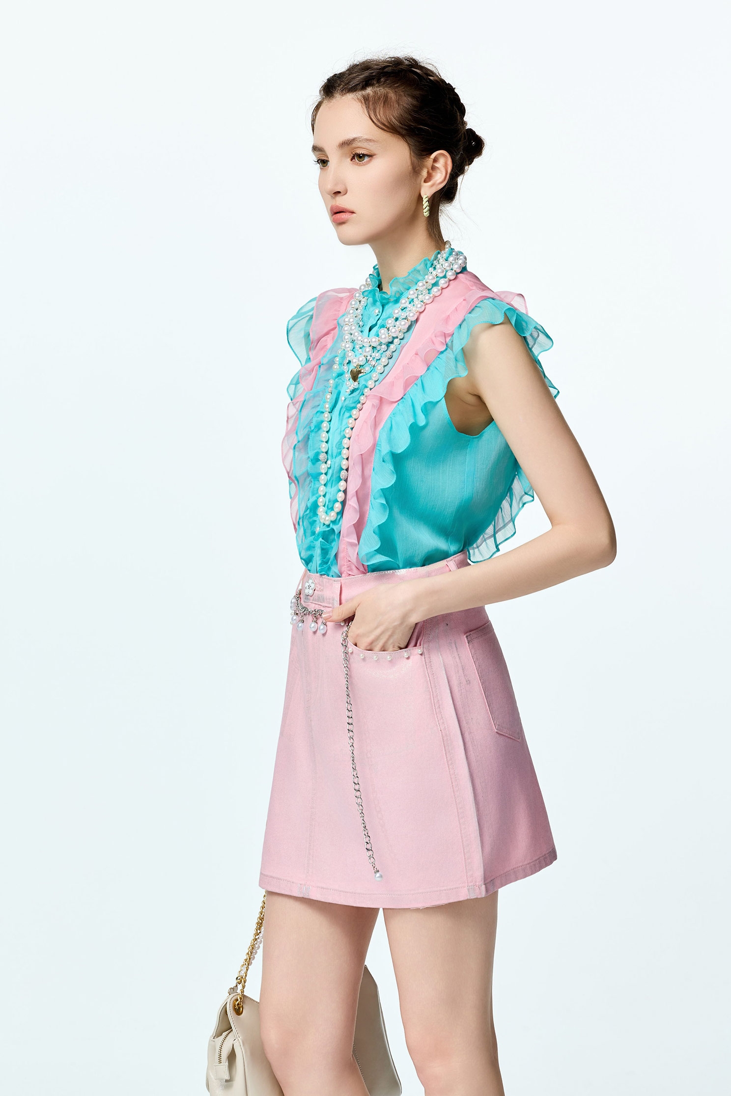 Colour Block Ruffle Chiffon VestColour Block Ruffle Chiffon Vest,sleeveless tops,Office Looks,Tops,pearl,Season (AW) Look,Valentine,Chiffon,Chiffon tops