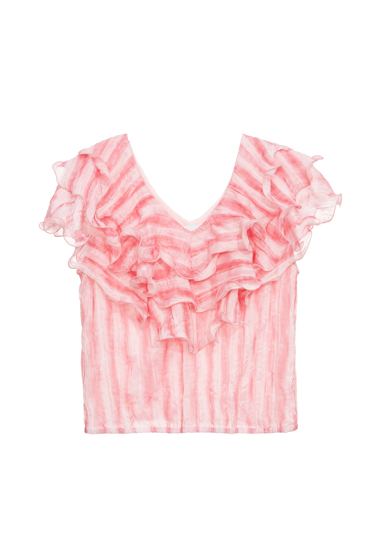 Pink Stripe Ruffle TopPink Stripe Ruffle Top,V-Neck T shirts,sleeveless tops,Tops,Season (SS) Look,Chiffon