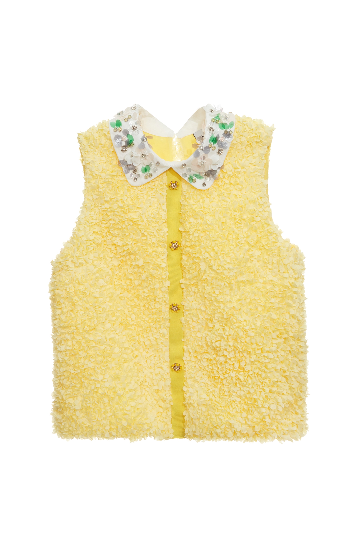 Bright Yellow 3-D Floral Applique Collar VestBright Yellow 3-D Floral Applique Collar Vest,sleeveless tops,Tops,Season (SS) Look,sleeveless tops,sleeveless tops