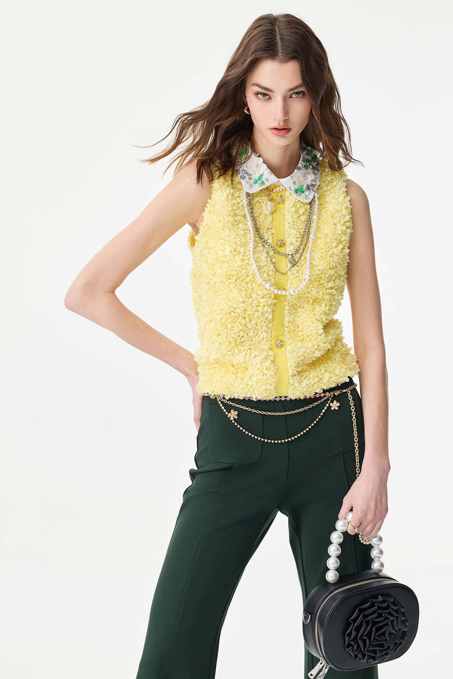 Bright Yellow 3-D Floral Applique Collar VestBright Yellow 3-D Floral Applique Collar Vest,sleeveless tops,Tops,Season (SS) Look,sleeveless tops,sleeveless tops