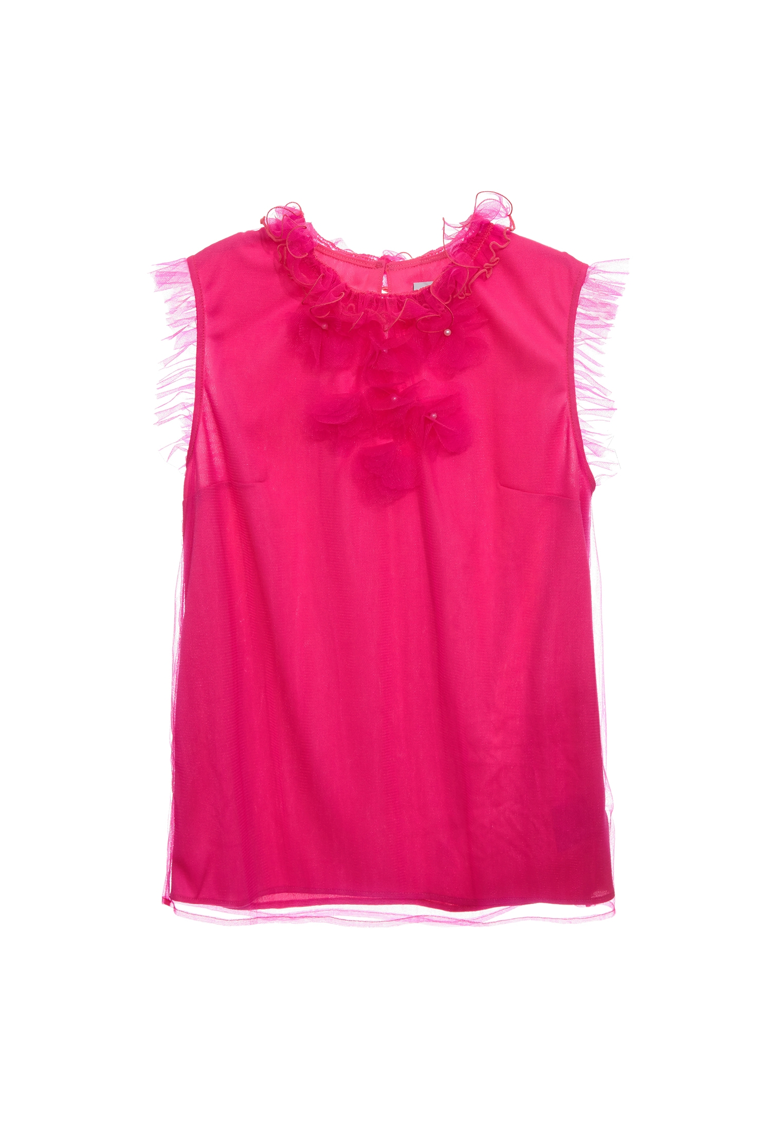 Pink Ruffle Mesh Detail VestPink Ruffle Mesh Detail Vest,sleeveless tops,Tops,Season (SS) Look,sleeveless tops,Mesh fabric,sleeveless tops