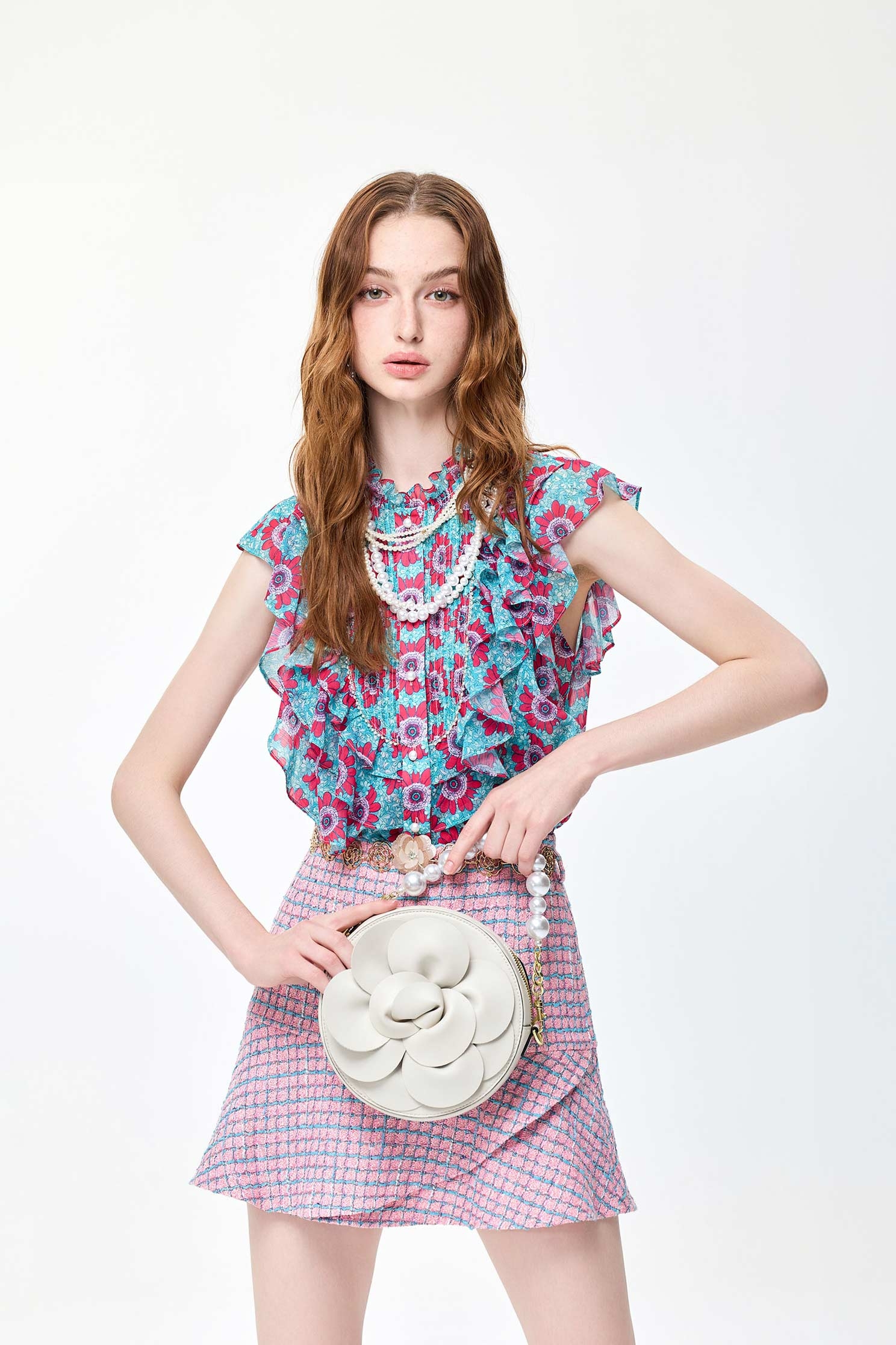 Floral Print Ruffle Detail VestFloral Print Ruffle Detail Vest,sleeveless tops,Tops,Season (SS) Look,pearl,Chiffon,Chiffon tops