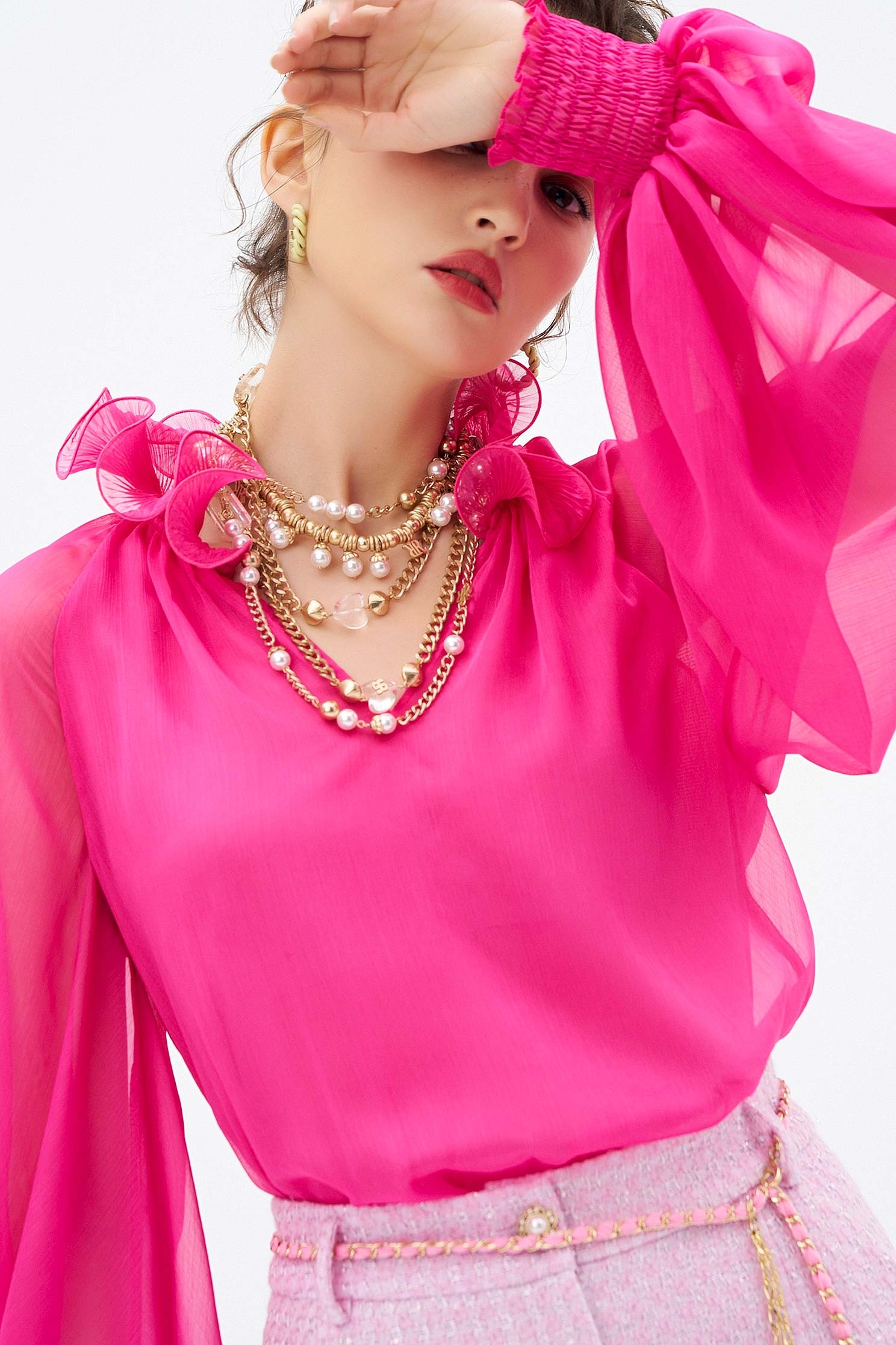 Pleated Ruffle Collar Chiffon TopPleated Ruffle Collar Chiffon Top,Tops,Season (AW) Look,Chiffon