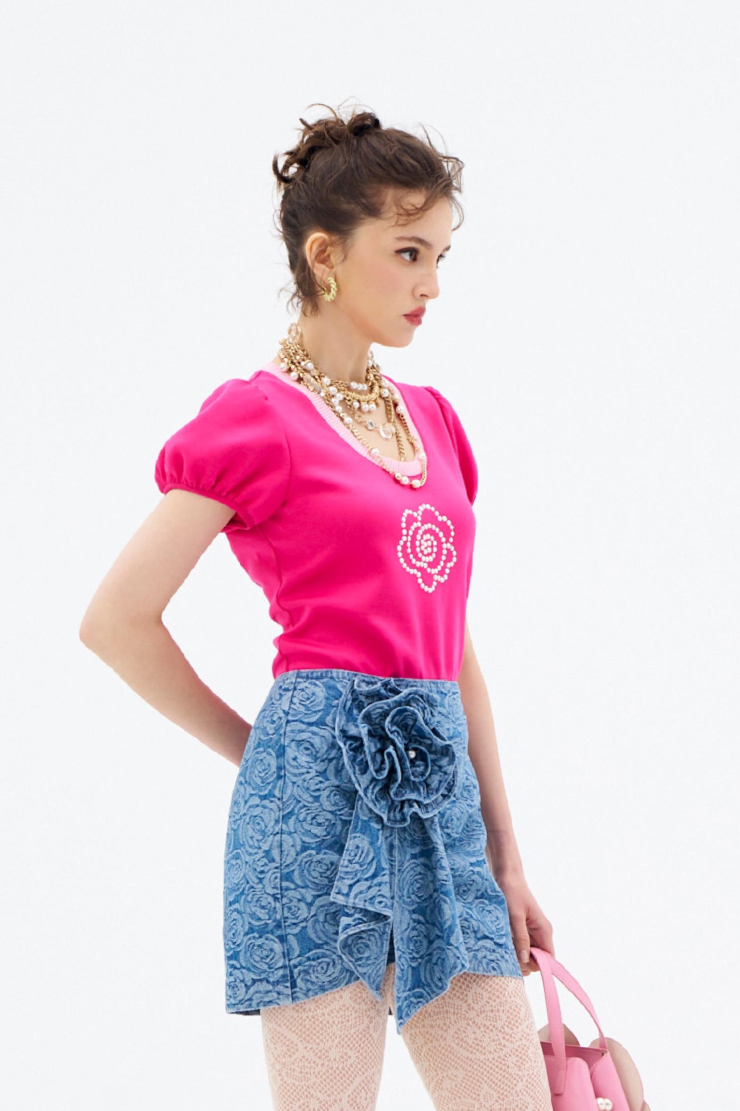 Puff Sleeve Tee With Front Floral DetailPuff Sleeve Tee With Front Floral Detail,Tops,pearl,Season (AW) Look