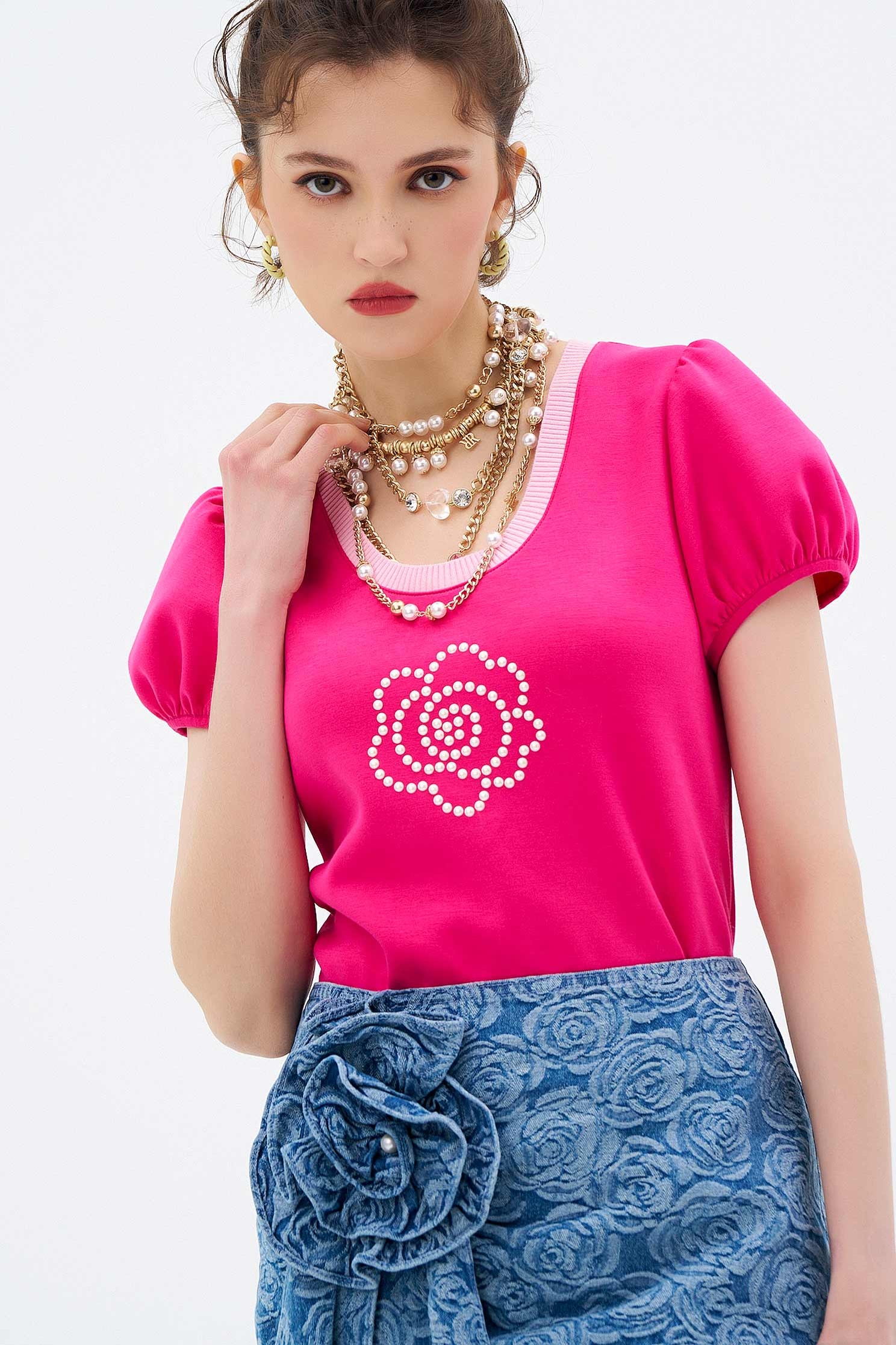 Puff Sleeve Tee With Front Floral DetailPuff Sleeve Tee With Front Floral Detail,Tops,pearl,Season (AW) Look