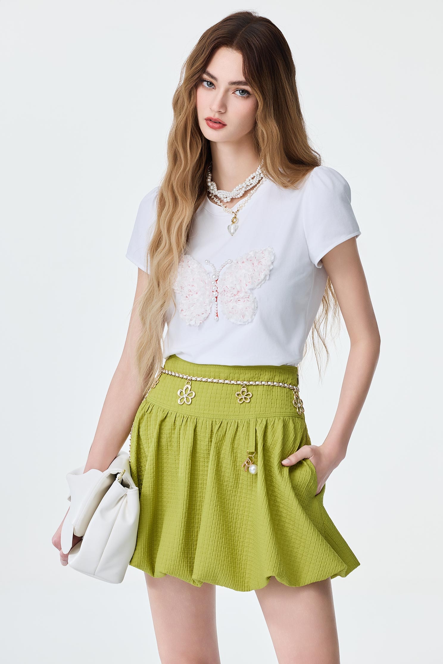 Floral Butterfly Detail Short Sleeve TeeFloral Butterfly Detail Short Sleeve Tee,Tops,Season (SS) Look,pearl,White tops,Knitted