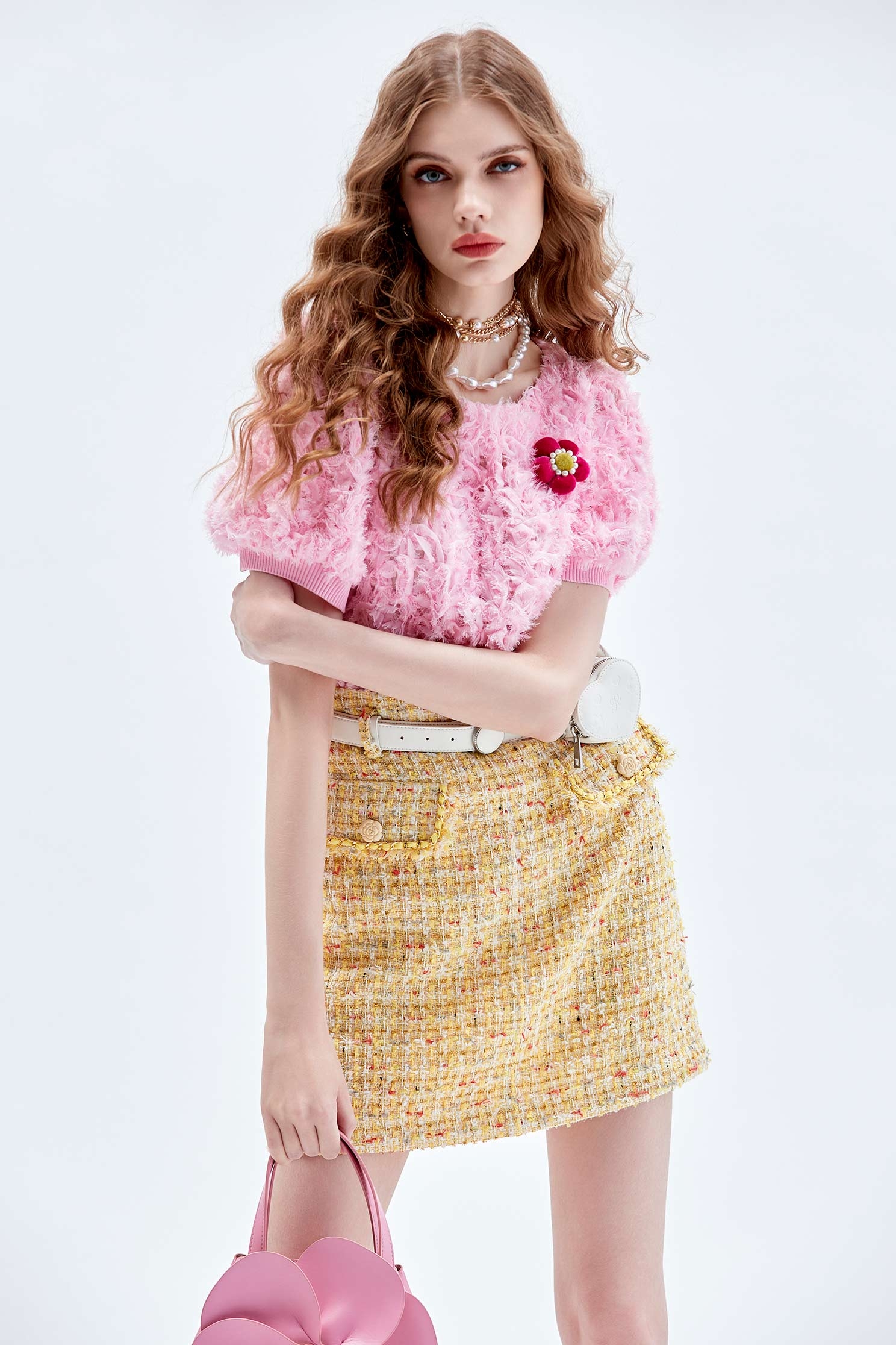 Puff Sleeve Pink Top With Floral Brooch DetailPuff Sleeve Pink Top With Floral Brooch Detail,Tops,Season (AW) Look