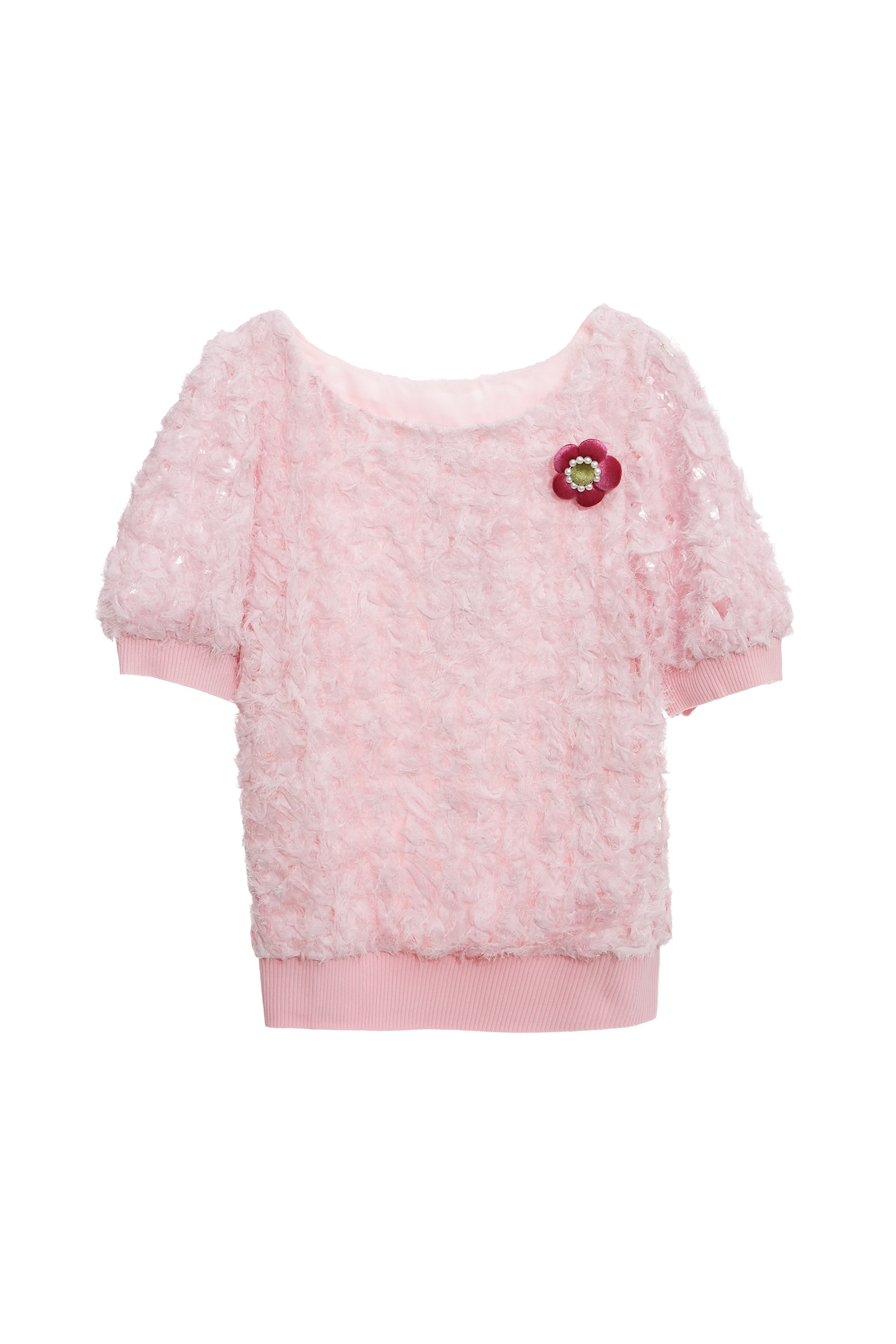 Puff Sleeve Pink Top With Floral Brooch DetailPuff Sleeve Pink Top With Floral Brooch Detail,Tops,Season (AW) Look