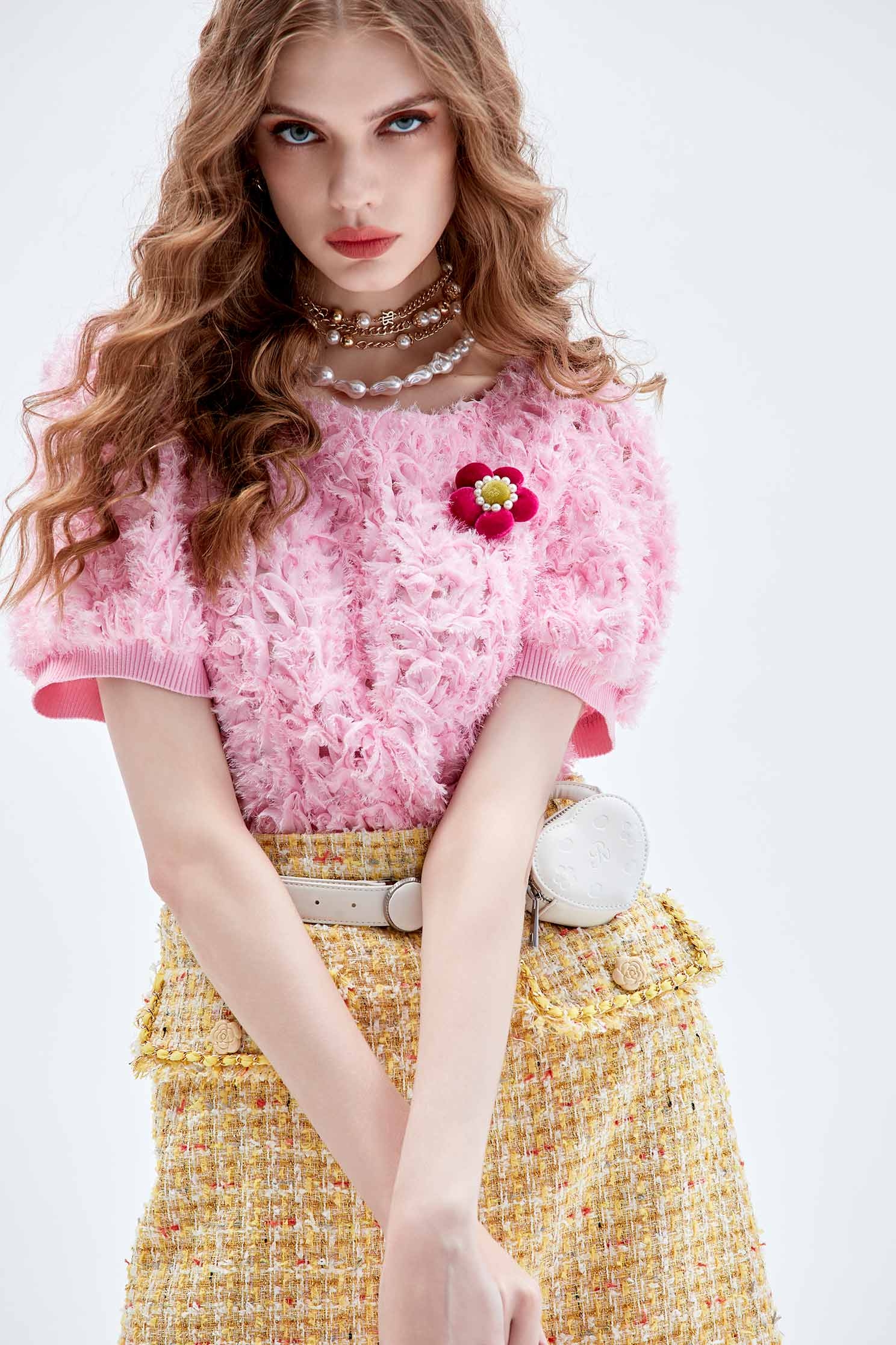 Puff Sleeve Pink Top With Floral Brooch DetailPuff Sleeve Pink Top With Floral Brooch Detail,Tops,Season (AW) Look