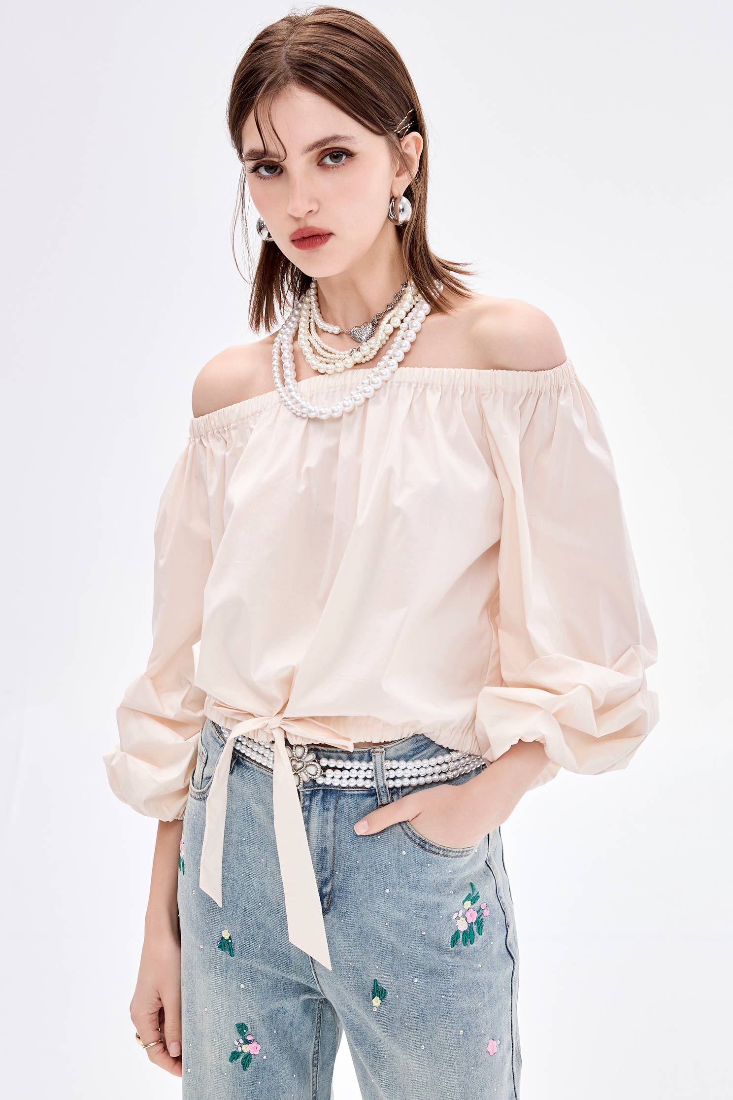 Ruched Sleeve Front Bow Cream TopRuched Sleeve Front Bow Cream Top,Tops,Season (AW) Look,bows