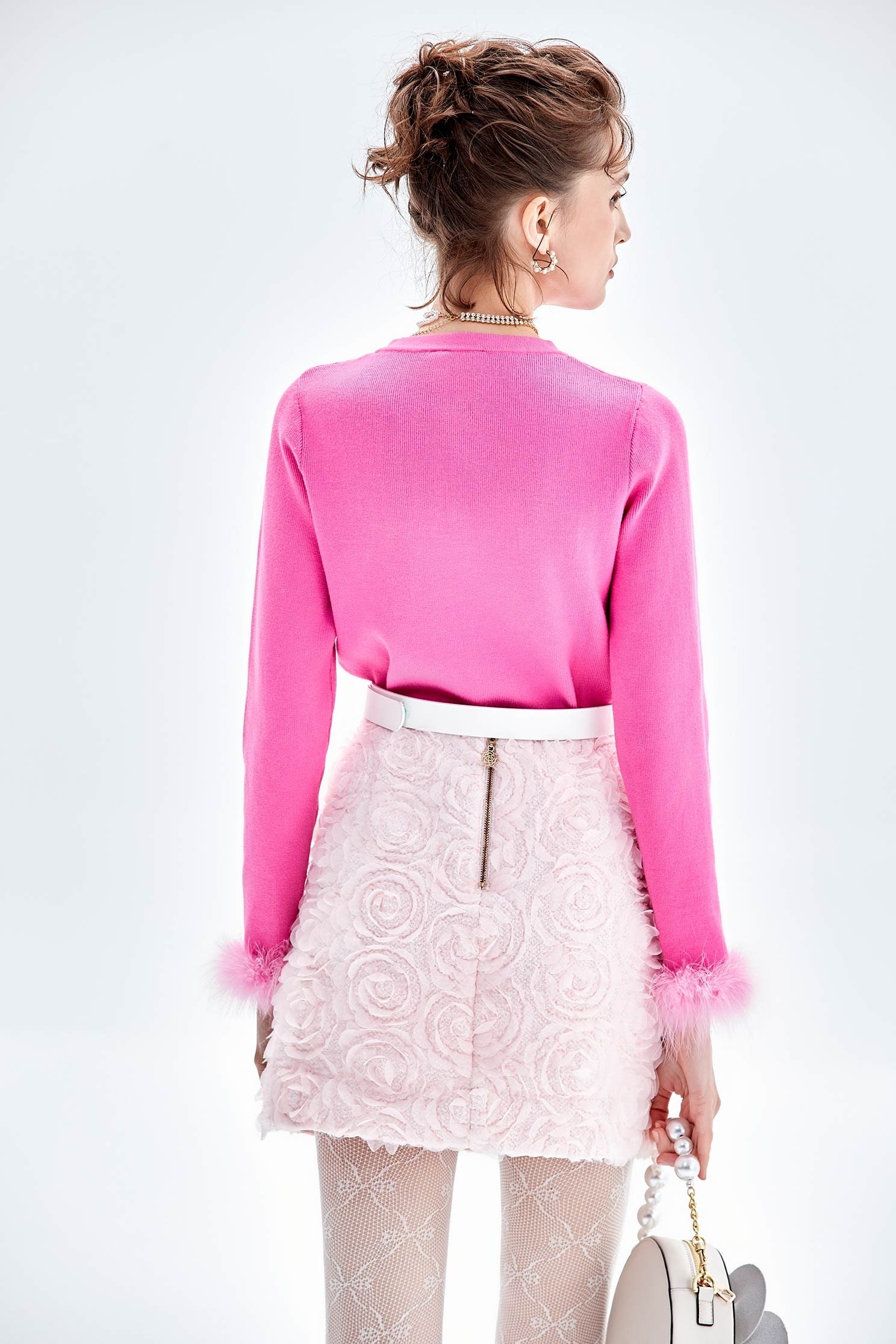 Pink Knit Top With Faux Fur Sleeve CuffPink Knit Top With Faux Fur Sleeve Cuff,Tops,Season (AW) Look,Knitted,Knitted tops,Knitted tops