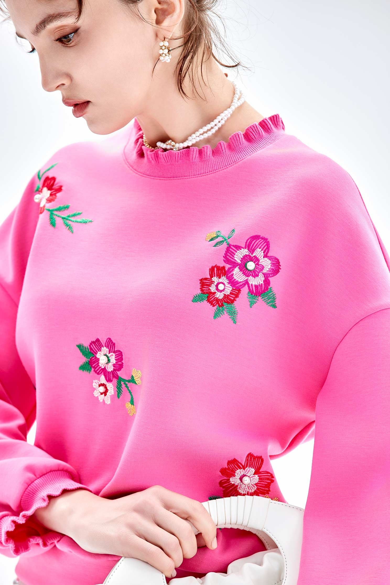 Floral Embroidery Long Sleeve Pink TopFloral Embroidery Long Sleeve Pink Top,Tops,Embroidered,pearl,Season (AW) Look,Embroidered tops