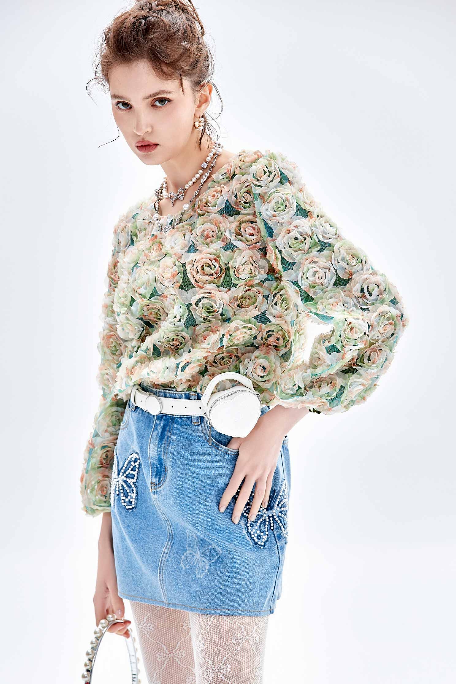 3-D Mesh Floral Long Sleeve Top3-D Mesh Floral Long Sleeve Top,Tops,Embroidered,Season (AW) Look,Mesh fabric