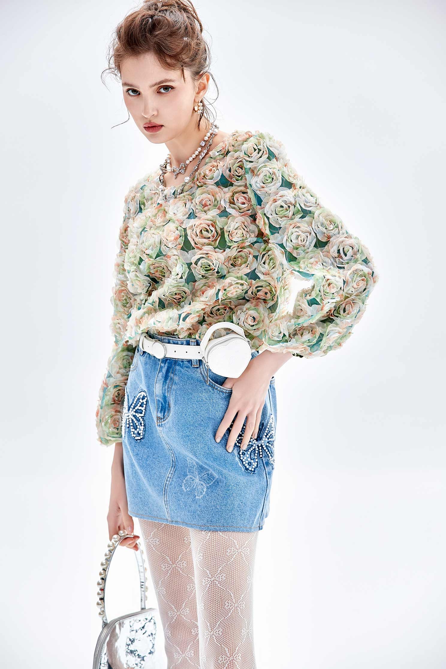 3-D Mesh Floral Long Sleeve Top3-D Mesh Floral Long Sleeve Top,Tops,Embroidered,Season (AW) Look,Mesh fabric