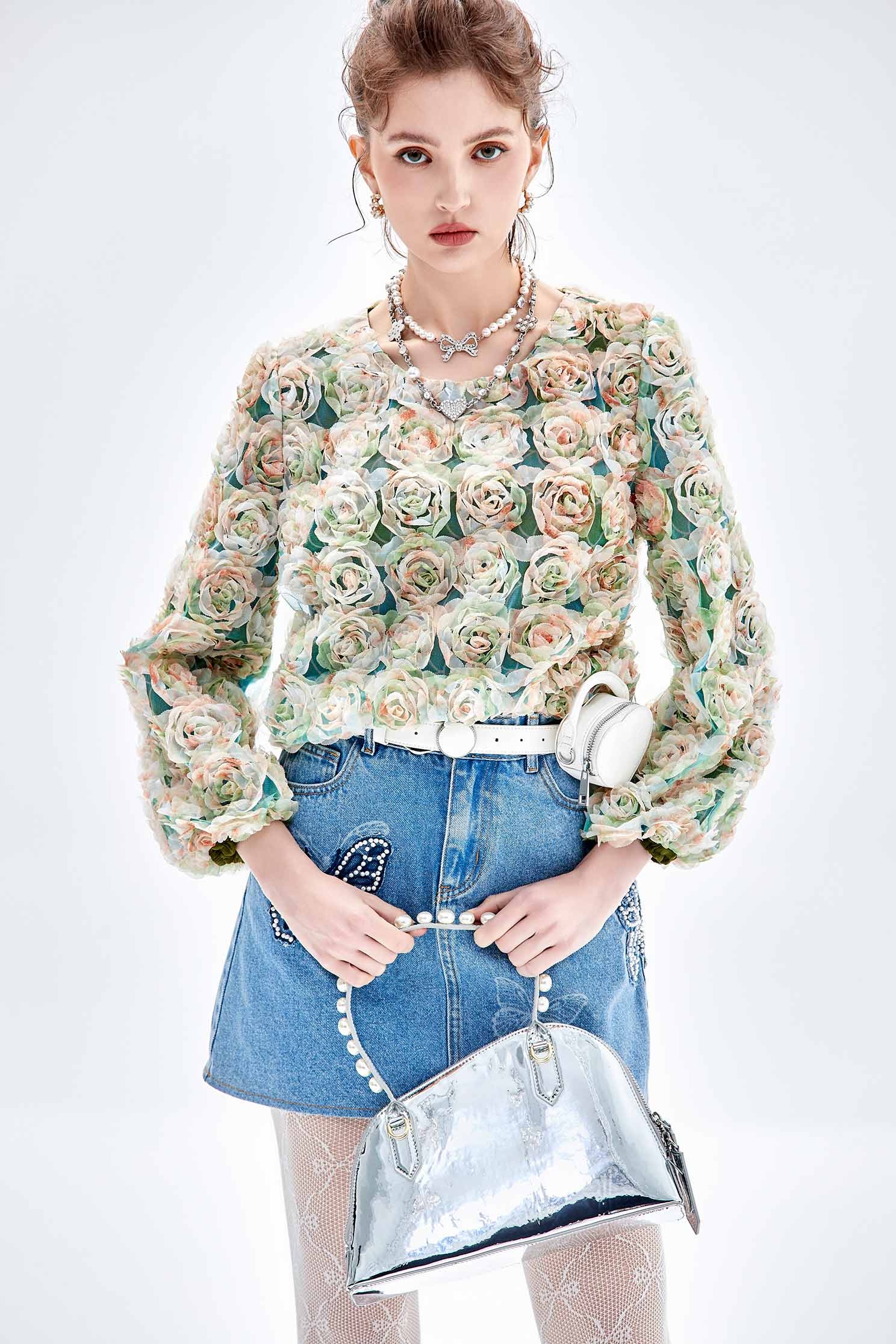 3-D Mesh Floral Long Sleeve Top3-D Mesh Floral Long Sleeve Top,Tops,Embroidered,Season (AW) Look,Mesh fabric