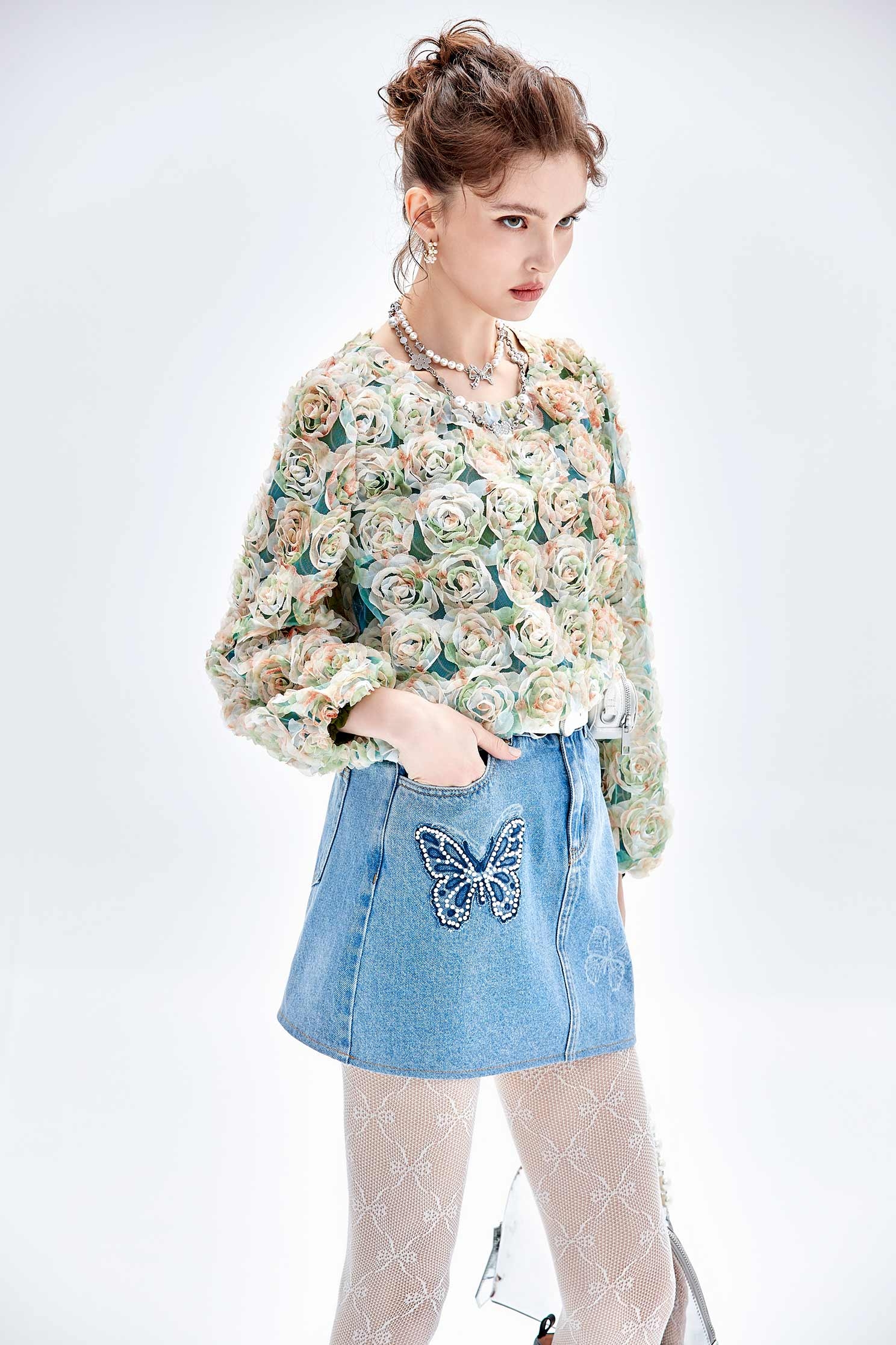 3-D Mesh Floral Long Sleeve Top3-D Mesh Floral Long Sleeve Top,Tops,Embroidered,Season (AW) Look,Mesh fabric