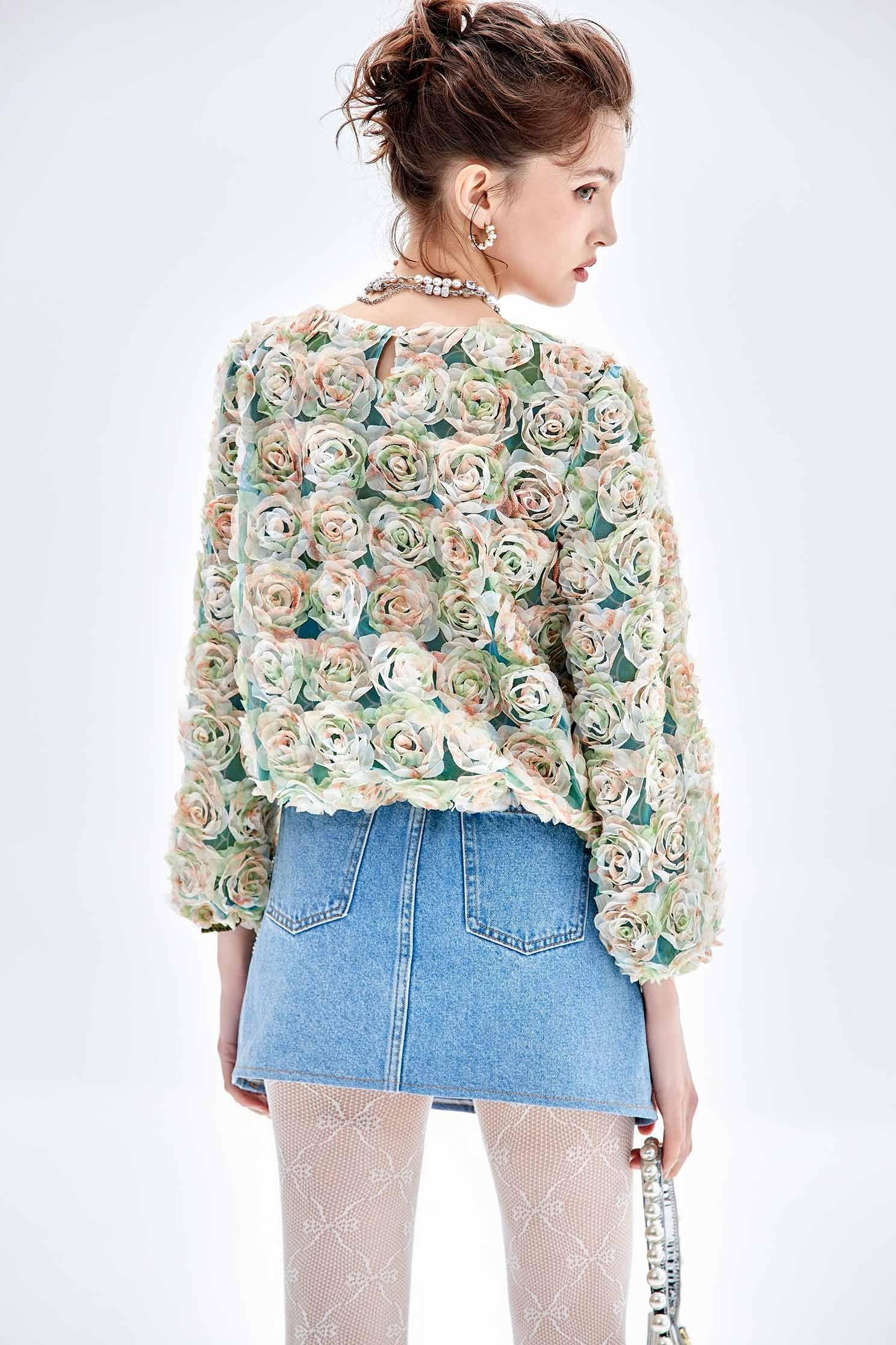 3-D Mesh Floral Long Sleeve Top3-D Mesh Floral Long Sleeve Top,Tops,Embroidered,Season (AW) Look,Mesh fabric