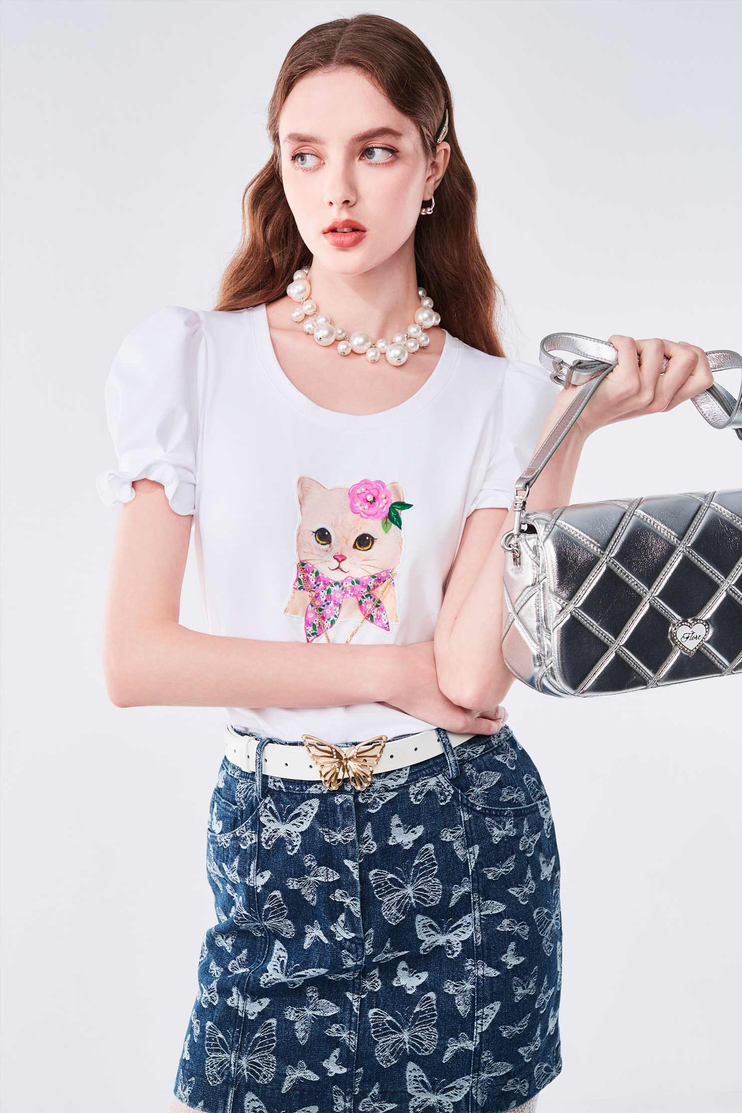 Cat Graphic Puff Sleeve TeeCat Graphic Puff Sleeve Tee,T-shirts,T-shirts,Tops,Season (AW) Look,Cotton,Necklaces