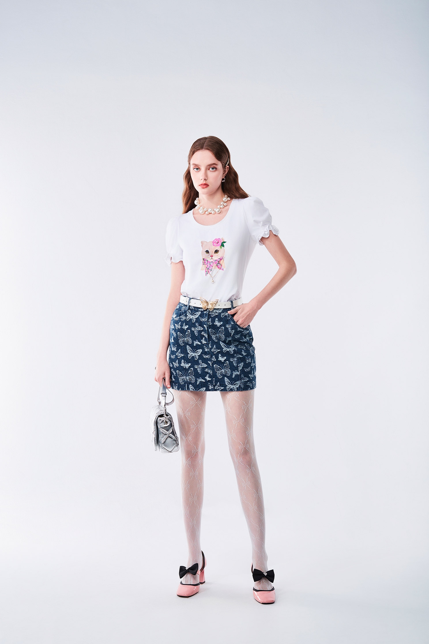 Cat Graphic Puff Sleeve TeeCat Graphic Puff Sleeve Tee,T-shirts,T-shirts,Tops,Season (AW) Look,Cotton,Necklaces