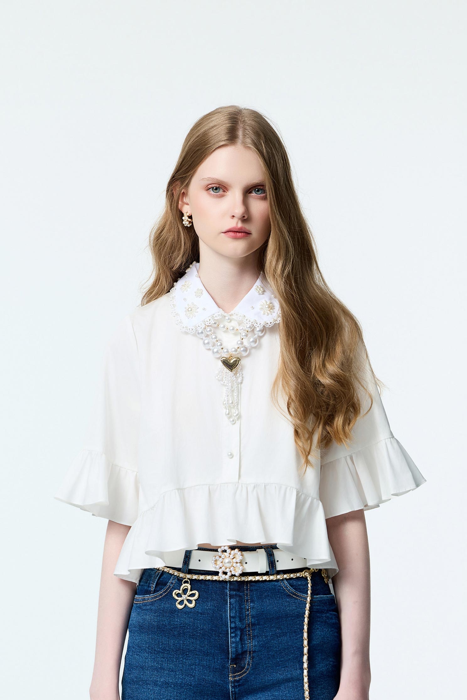 Pearl Detail Collar Baby Doll TopPearl Detail Collar Baby Doll Top,Office Looks,Tops,pearl,Season (AW) Look,Valentine,blossoms