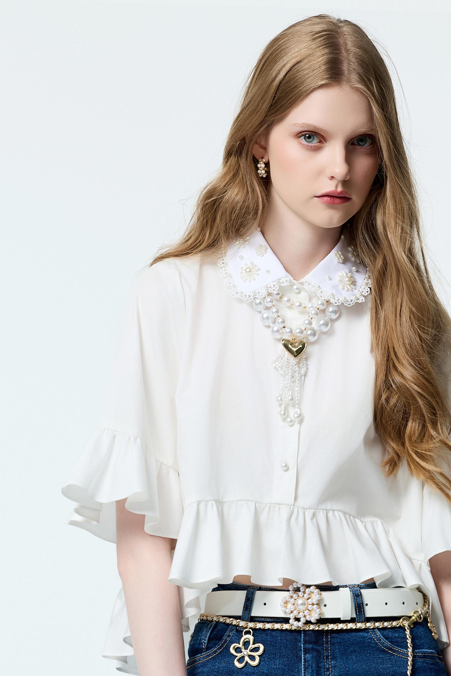 Pearl Detail Collar Baby Doll TopPearl Detail Collar Baby Doll Top,Office Looks,Tops,pearl,Season (AW) Look,Valentine,blossoms