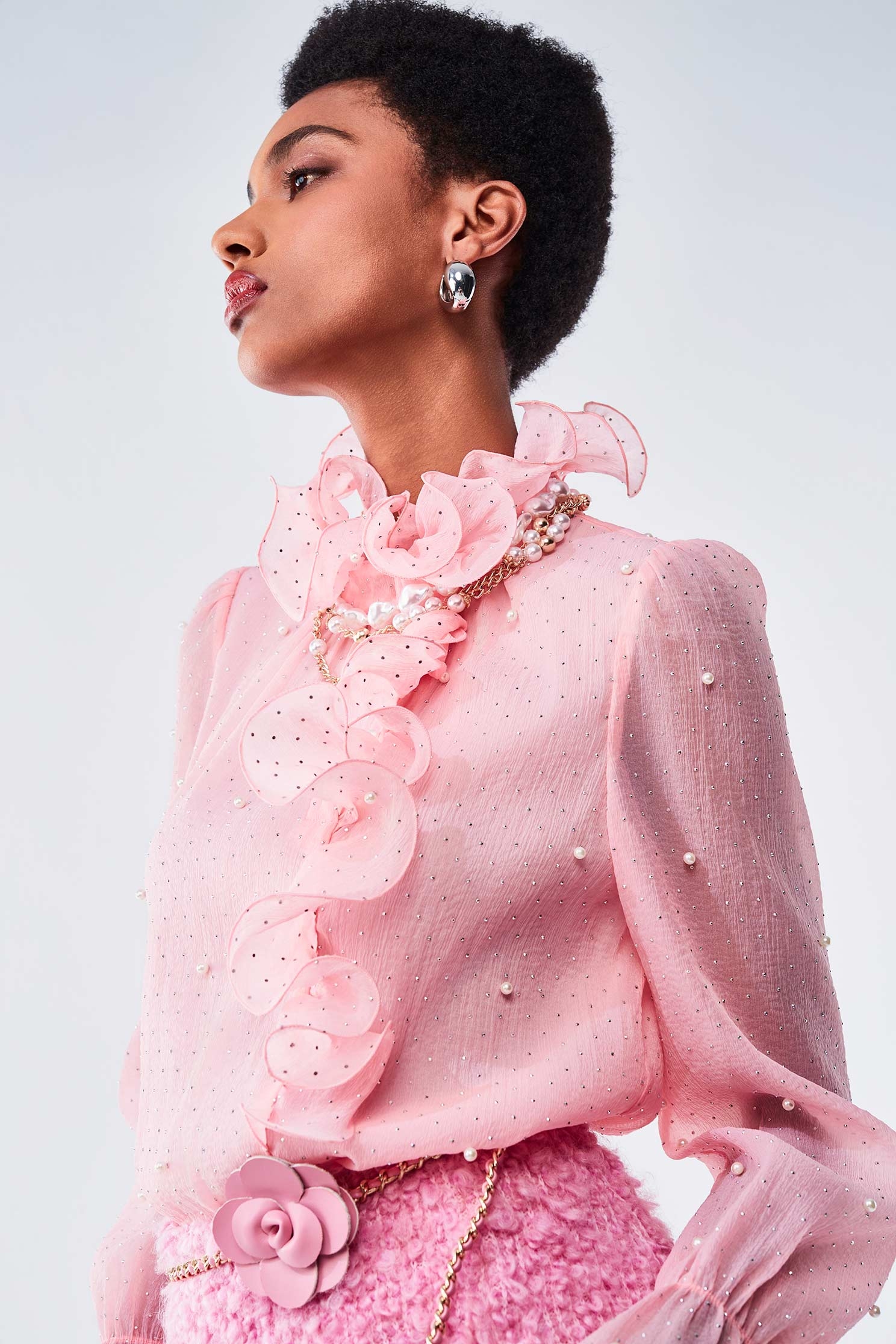 Pink Ruffle Top With Pearl DetailPink Ruffle Top With Pearl Detail,Tops,pearl,Season (AW) Look