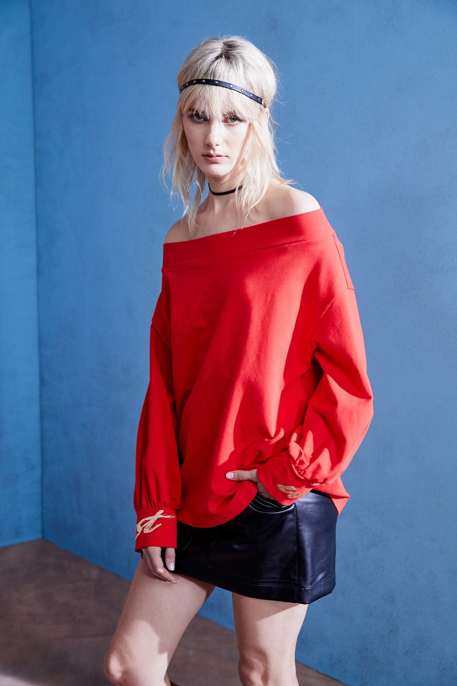 Off shoulder Red TopOff-the-shoulder T-shirt,T-shirts,T-shirts,Exposed shoulders tops,Embroidered,Embroidered tops,Exposed shoulders tops,goodlucknewyear,Puff sleeve tops,Season (AW) Look,Embroidered,Embroidered tops,comfotism,Long tops,Long sleeve tops,Lucky Red