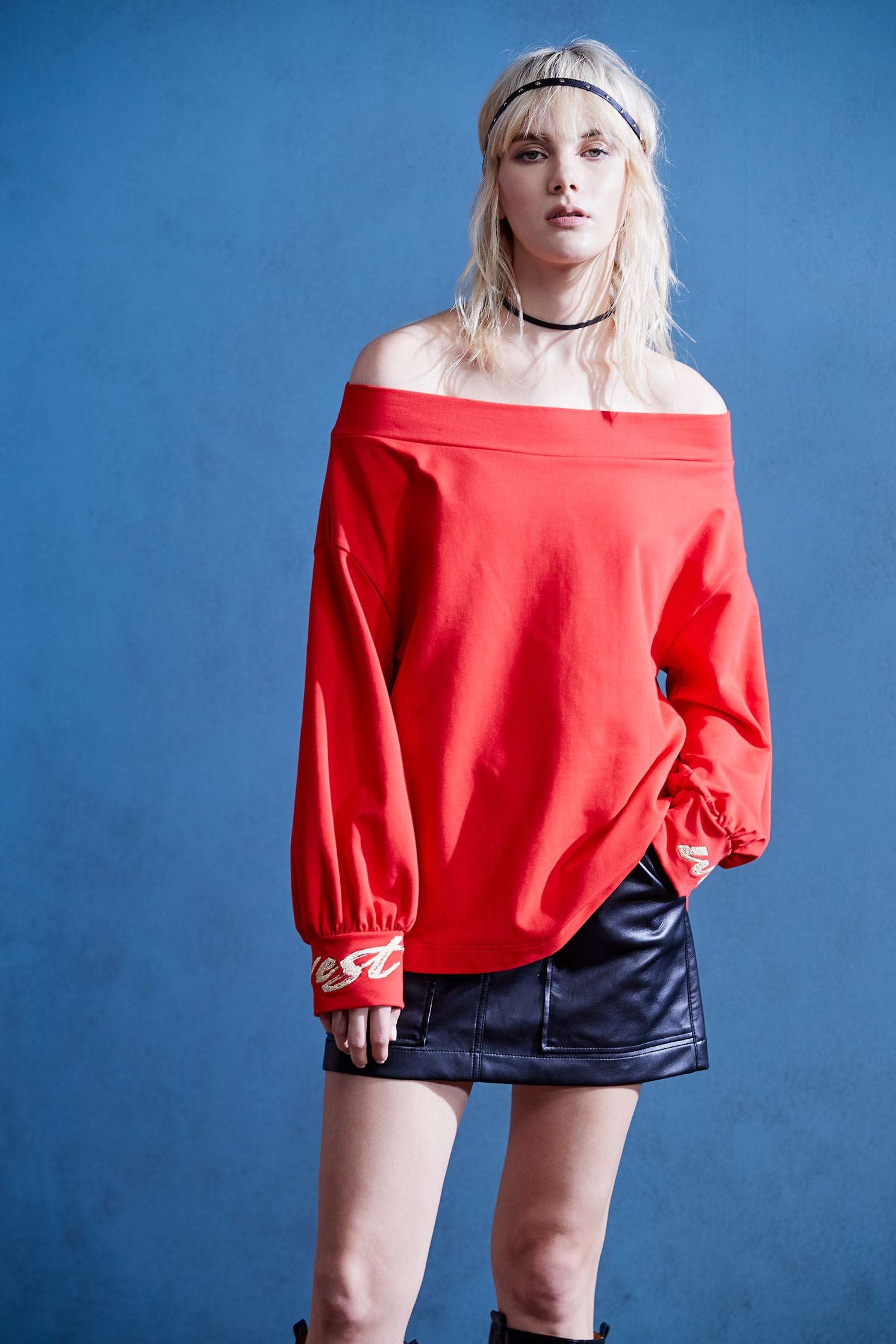 Off shoulder Red TopOff-the-shoulder T-shirt,T-shirts,T-shirts,Exposed shoulders tops,Embroidered,Embroidered tops,Exposed shoulders tops,goodlucknewyear,Puff sleeve tops,Season (AW) Look,Embroidered,Embroidered tops,comfotism,Long tops,Long sleeve tops,Lucky Red