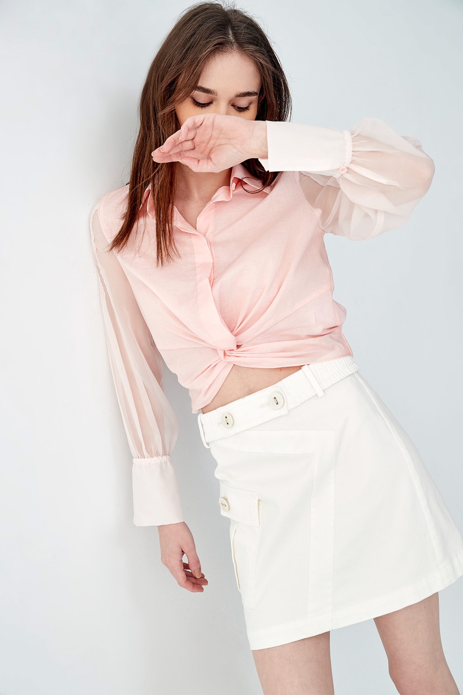 Front Knot Crop Blouse With Chiffon SleevesKinked shirt top,Office Looks,Tops,Season (SS) Look,Blouses