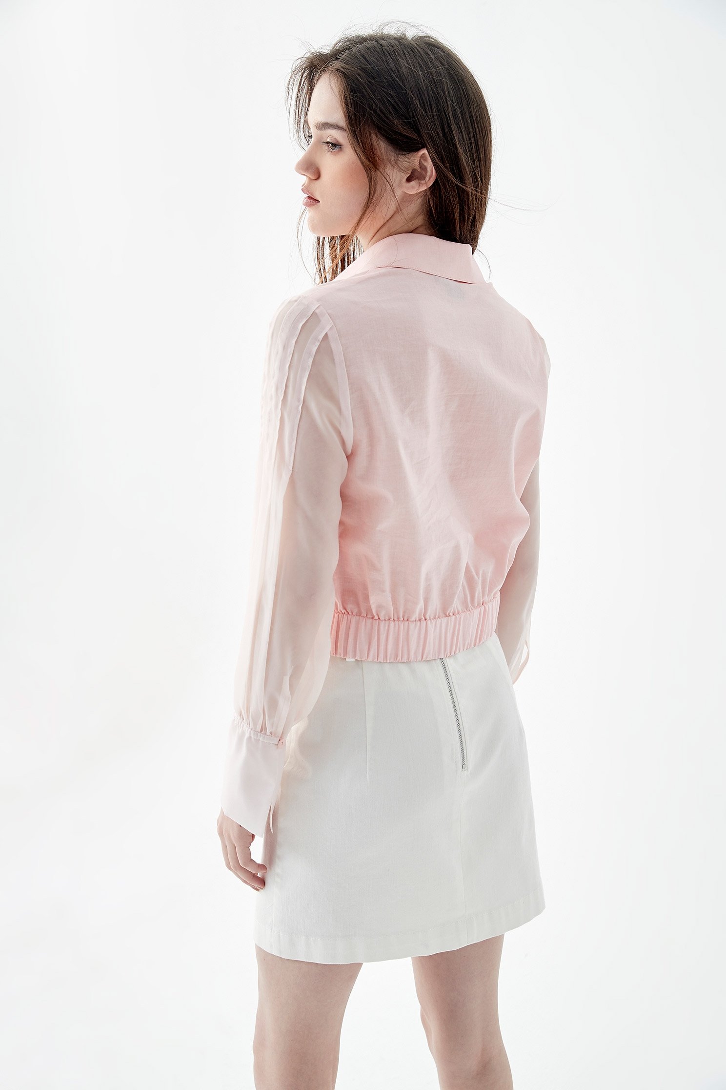 Front Knot Crop Blouse With Chiffon SleevesKinked shirt top,Office Looks,Tops,Season (SS) Look,Blouses