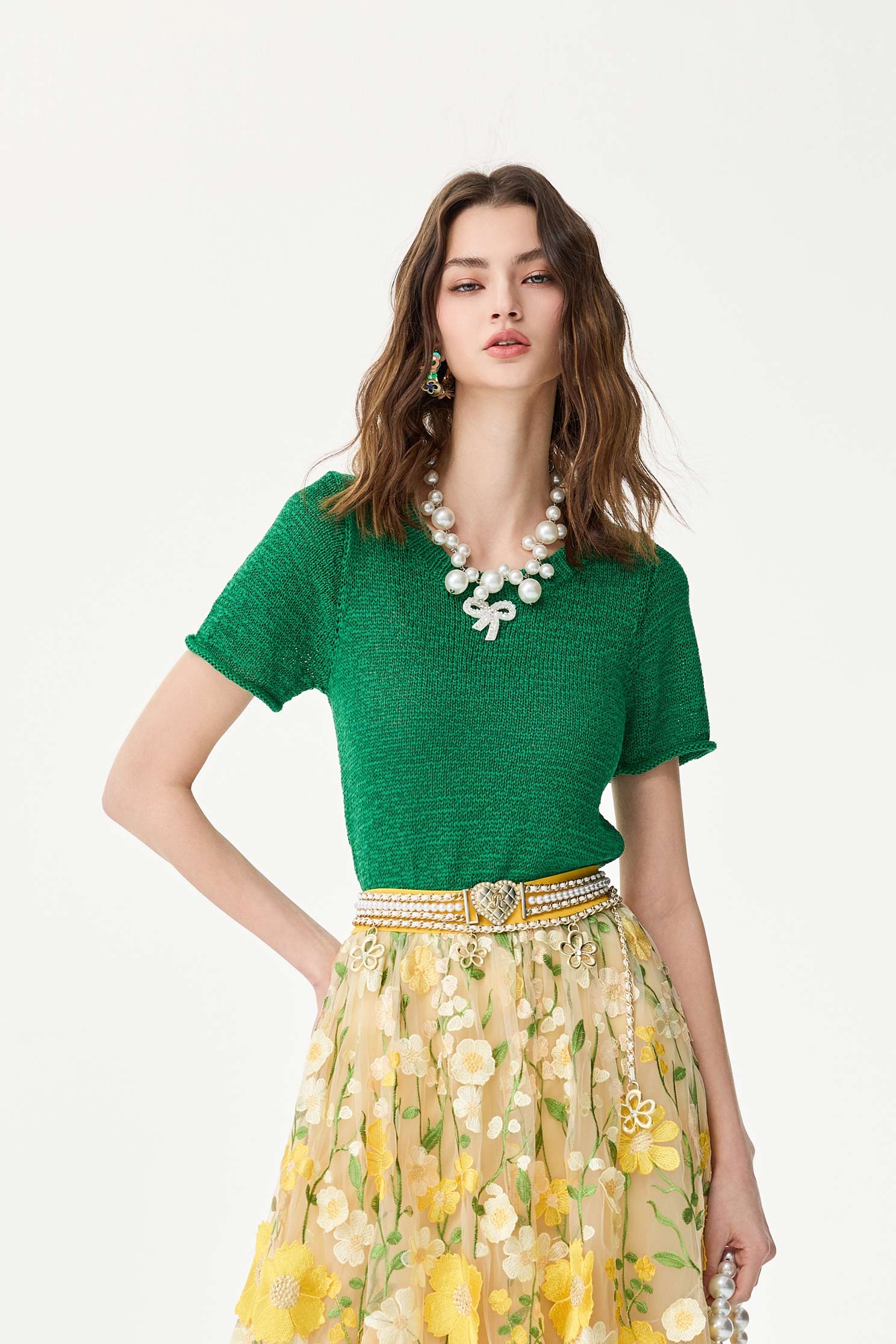 Short Sleeve Green Knit TopShort Sleeve Green Knit Top,Tops,Season (SS) Look,bows,Knitted,Knitted tops,Knitted tops