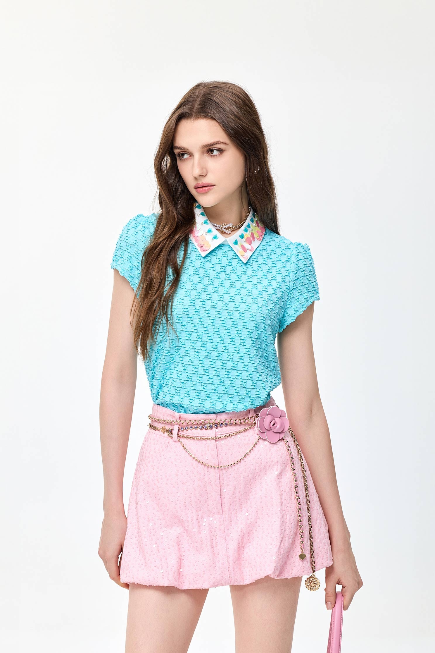 Sequin Collar Cyan Short Sleeve TopSequin Collar Cyan Short Sleeve Top,Tops,Season (SS) Look