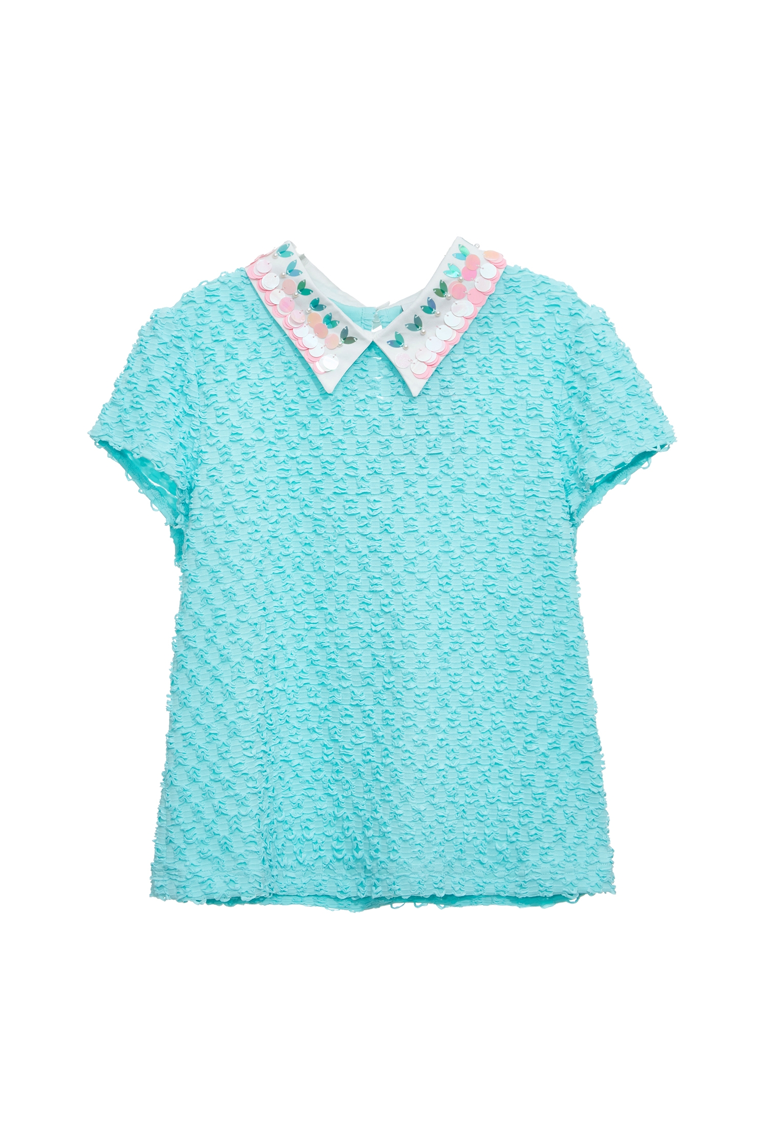 Sequin Collar Cyan Short Sleeve TopSequin Collar Cyan Short Sleeve Top,Tops,Season (SS) Look