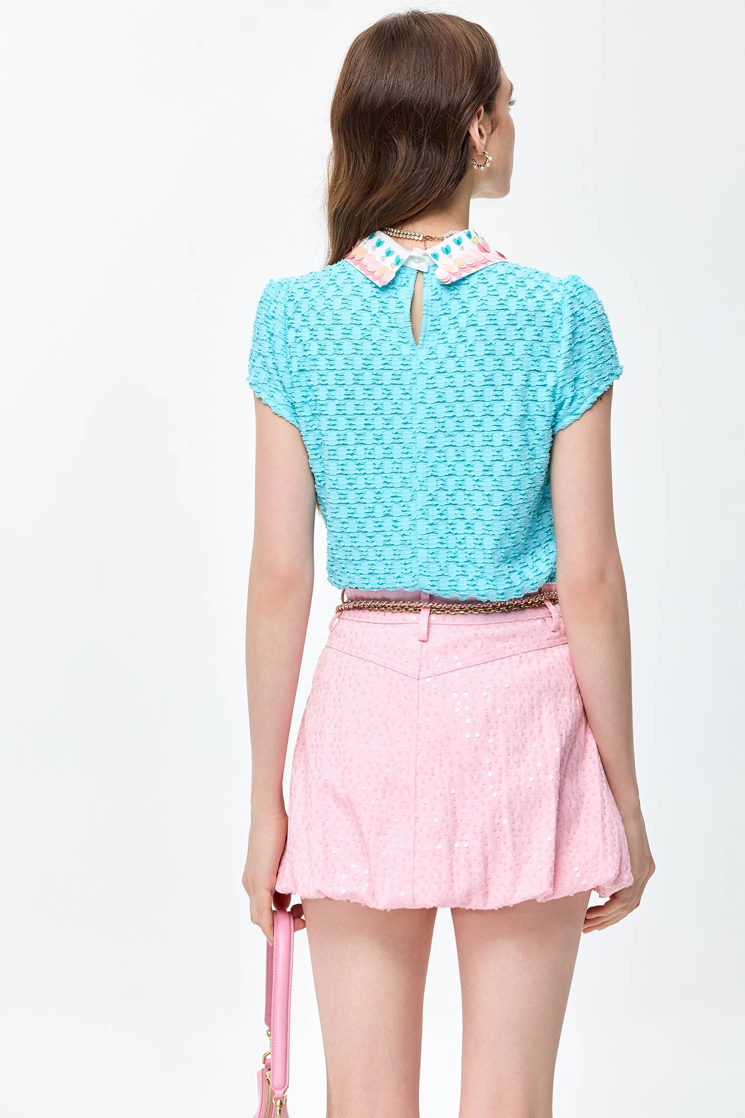 Sequin Collar Cyan Short Sleeve TopSequin Collar Cyan Short Sleeve Top,Tops,Season (SS) Look