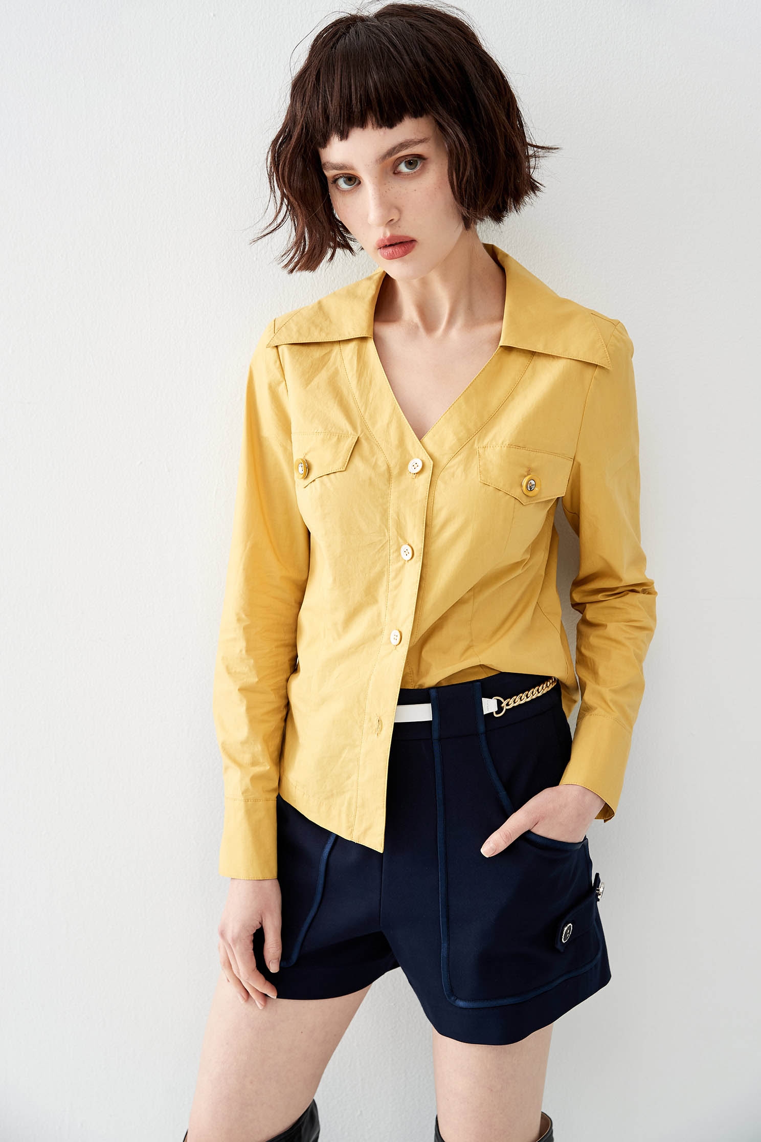 Button Front Mustard BlouseShirt with decorate pocket,Tops,Season (AW) Look,Blouses