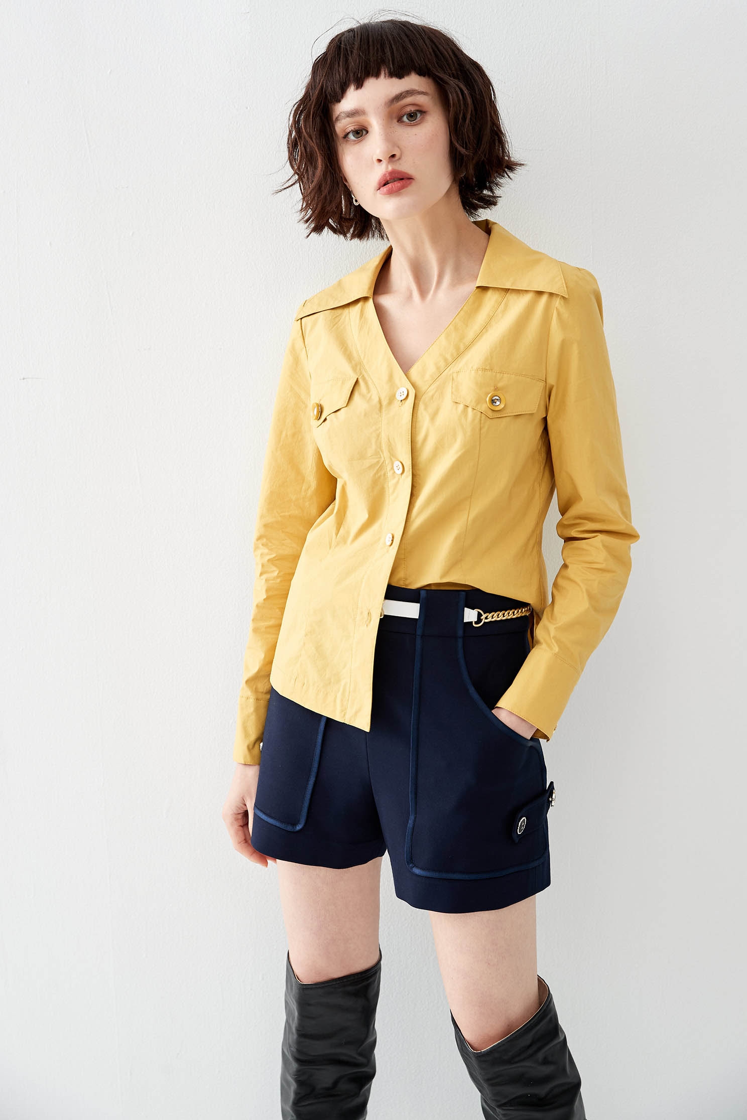 Button Front Mustard BlouseShirt with decorate pocket,Tops,Season (AW) Look,Blouses