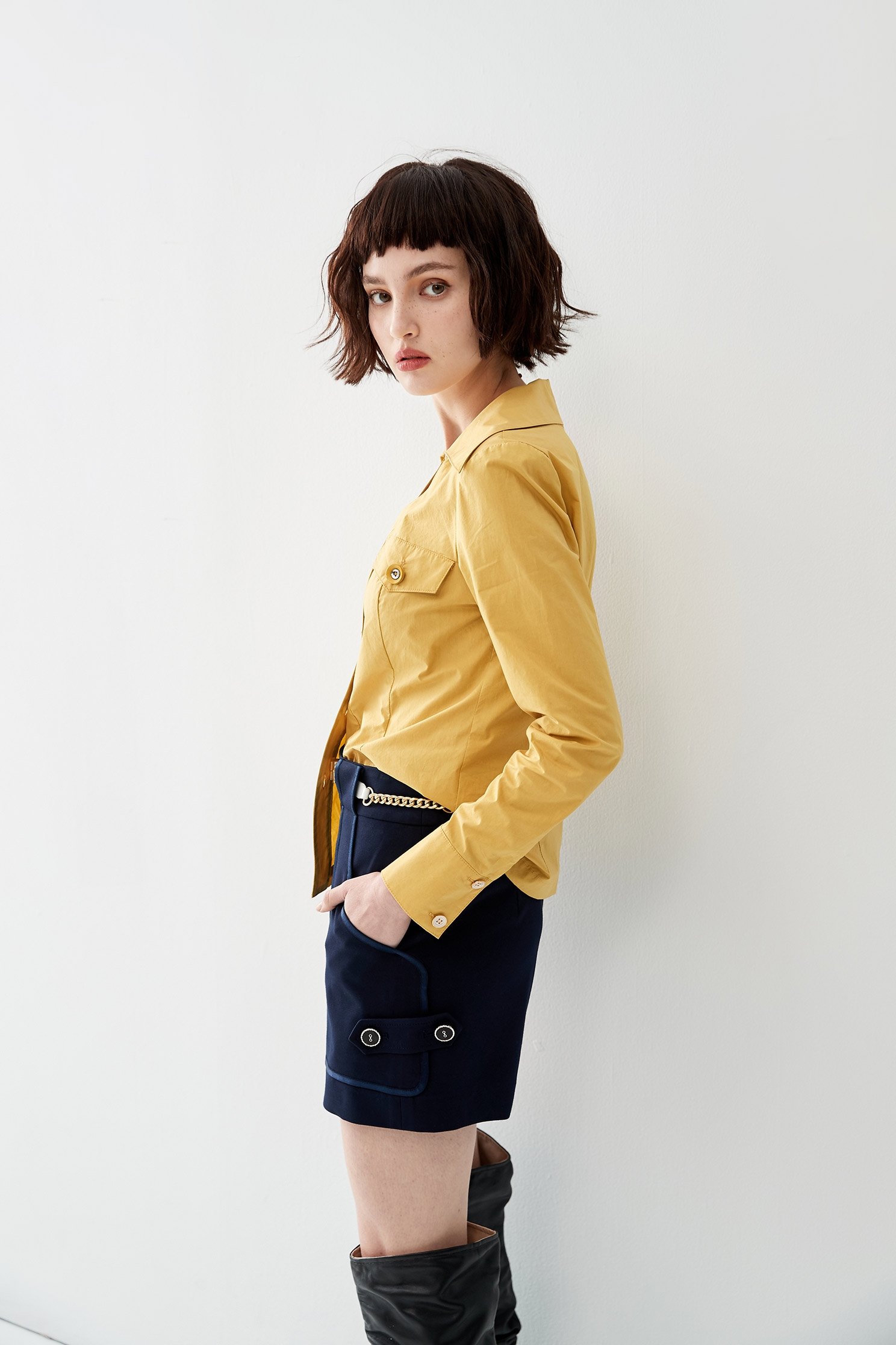 Button Front Mustard BlouseShirt with decorate pocket,Tops,Season (AW) Look,Blouses