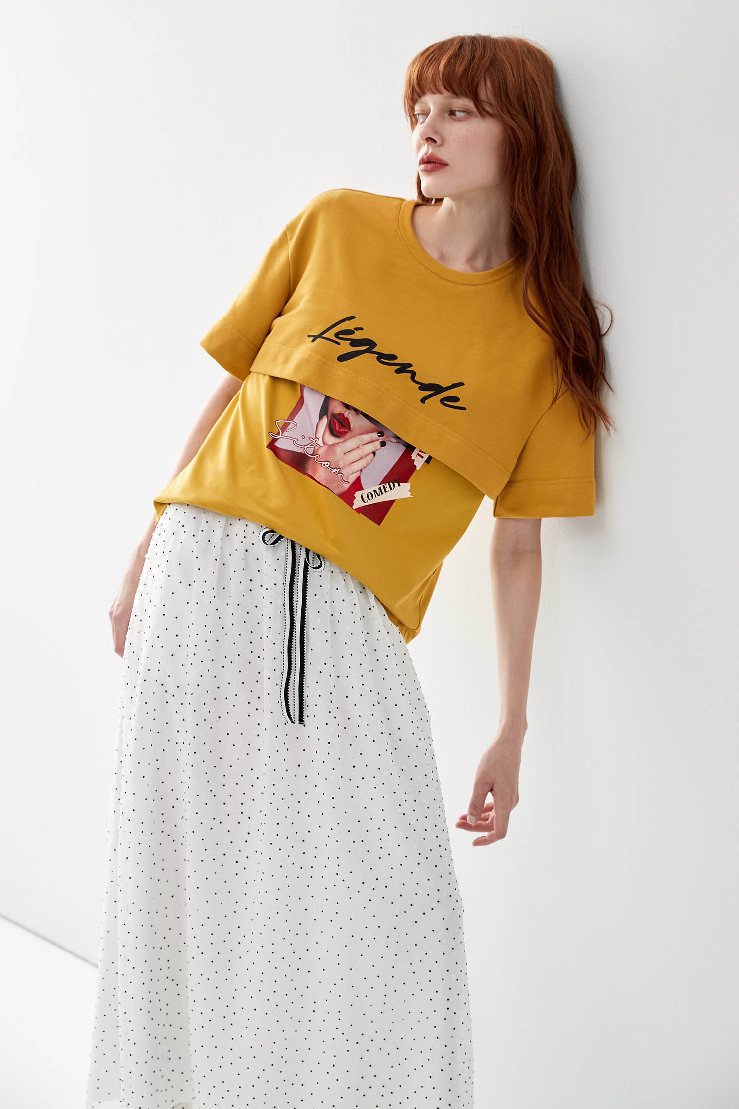 Two Layer Graphic Mustard TeeT-shirt with print,T-shirts,Tops,Season (AW) Look,Sweaters