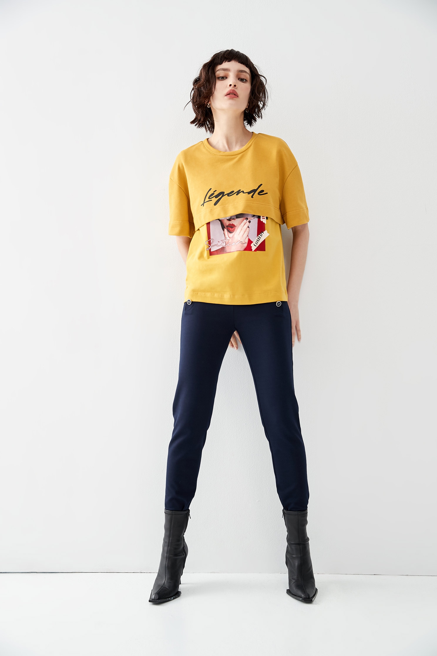 Two Layer Graphic Mustard TeeT-shirt with print,T-shirts,Tops,Season (AW) Look,Sweaters