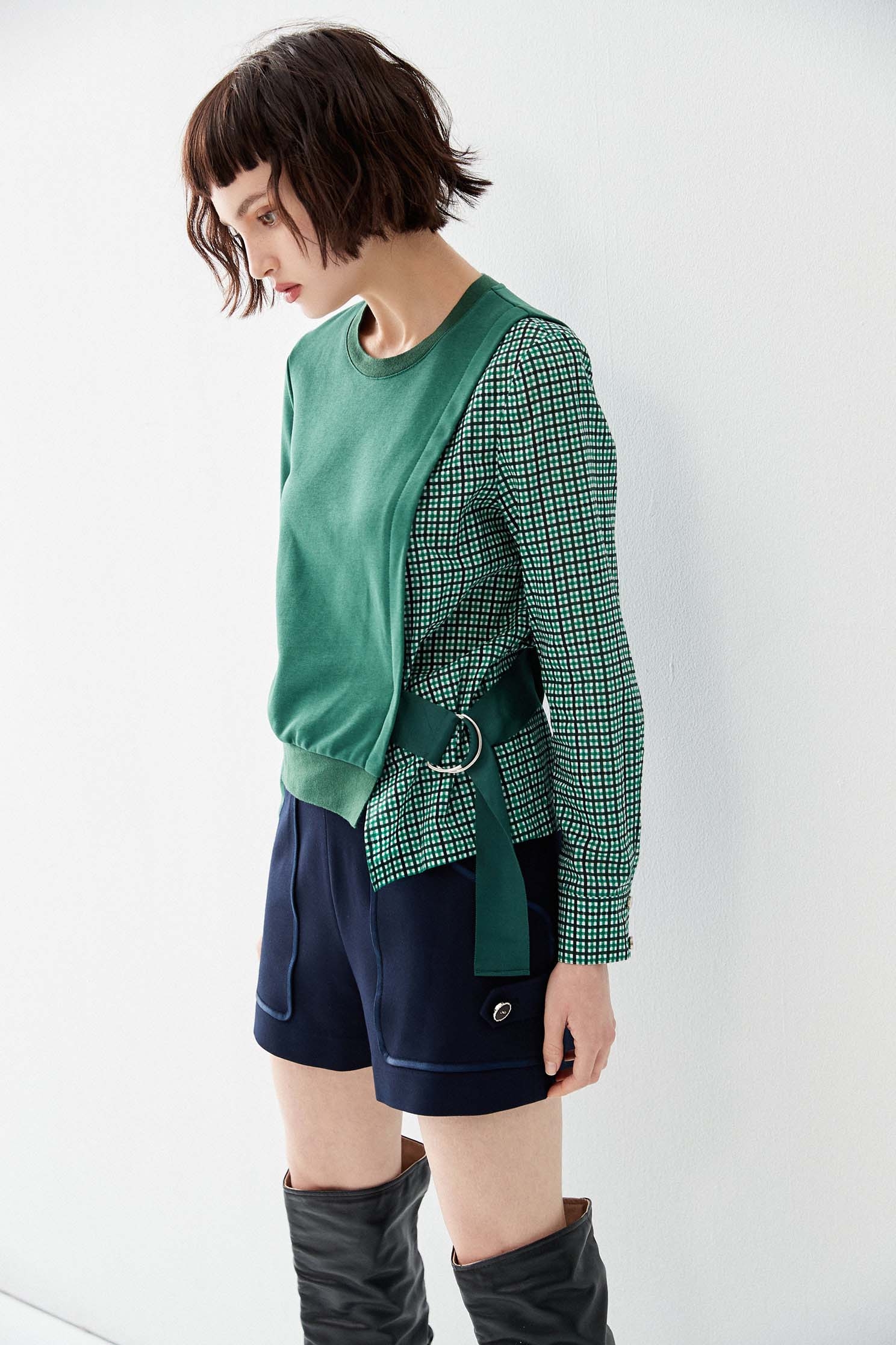 Asymmetric Sweatshirt With Checkered Contrast TopContrast sweatshirt,Tops,Plaid,Season (AW) Look,Sweaters