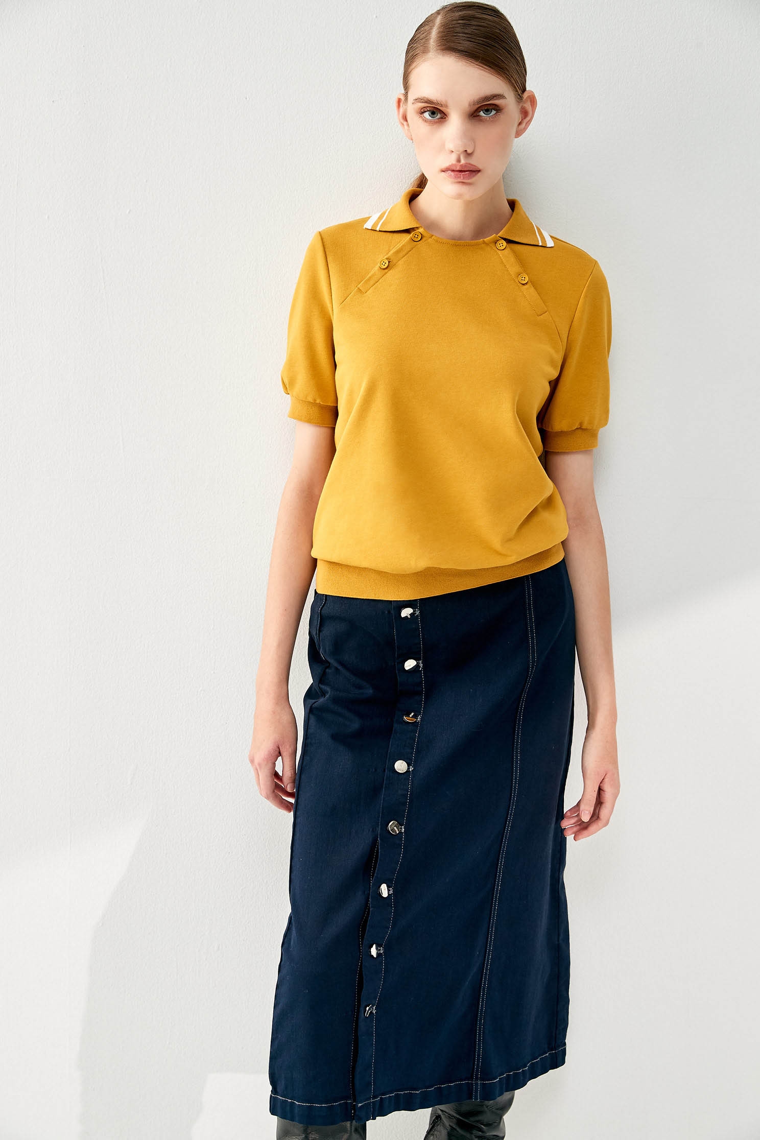 Mustard Collar Short Sleeve TeeLapel short-sleeved sweatshirt,Tops,Season (AW) Look,Sweaters