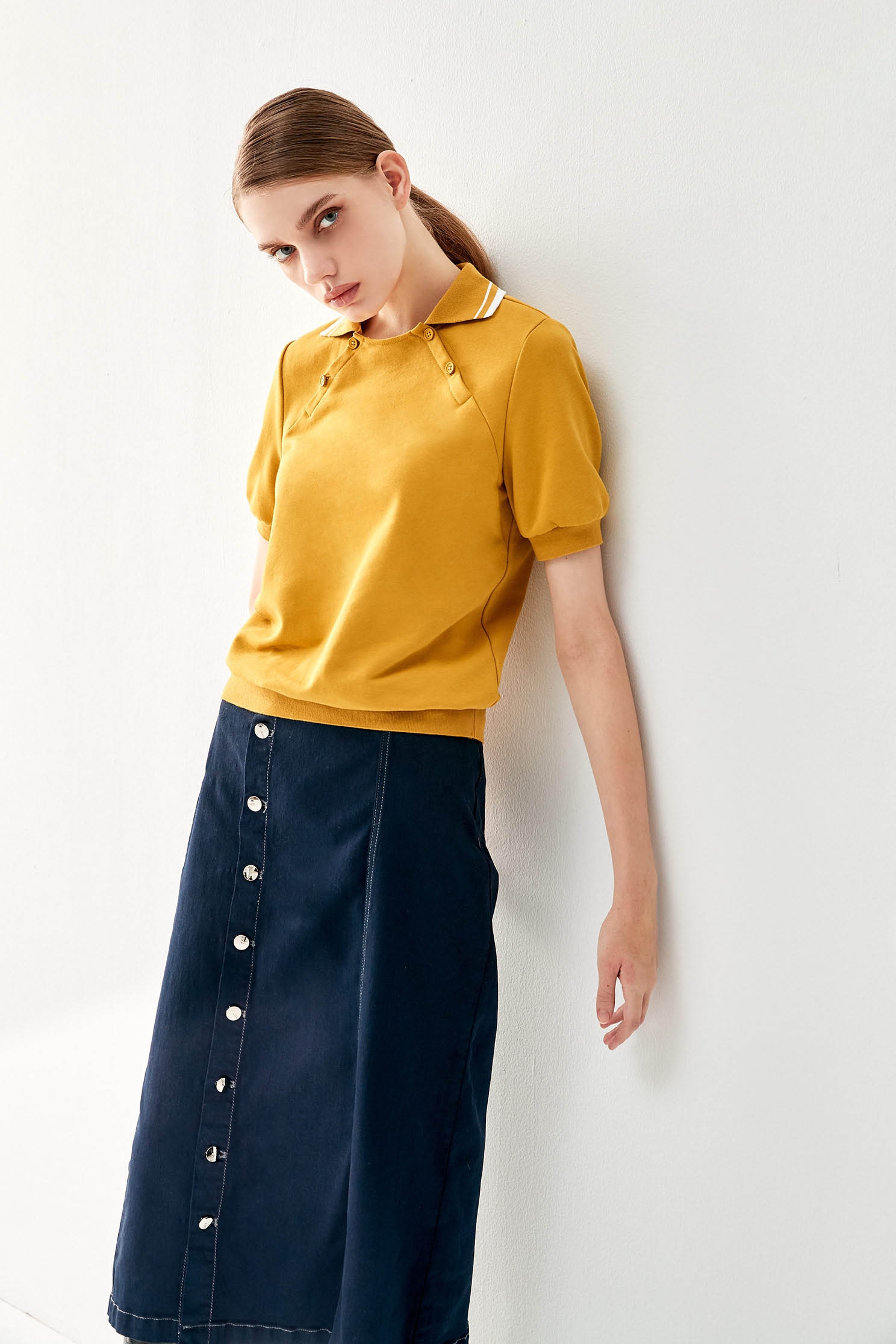 Mustard Collar Short Sleeve TeeLapel short-sleeved sweatshirt,Tops,Season (AW) Look,Sweaters