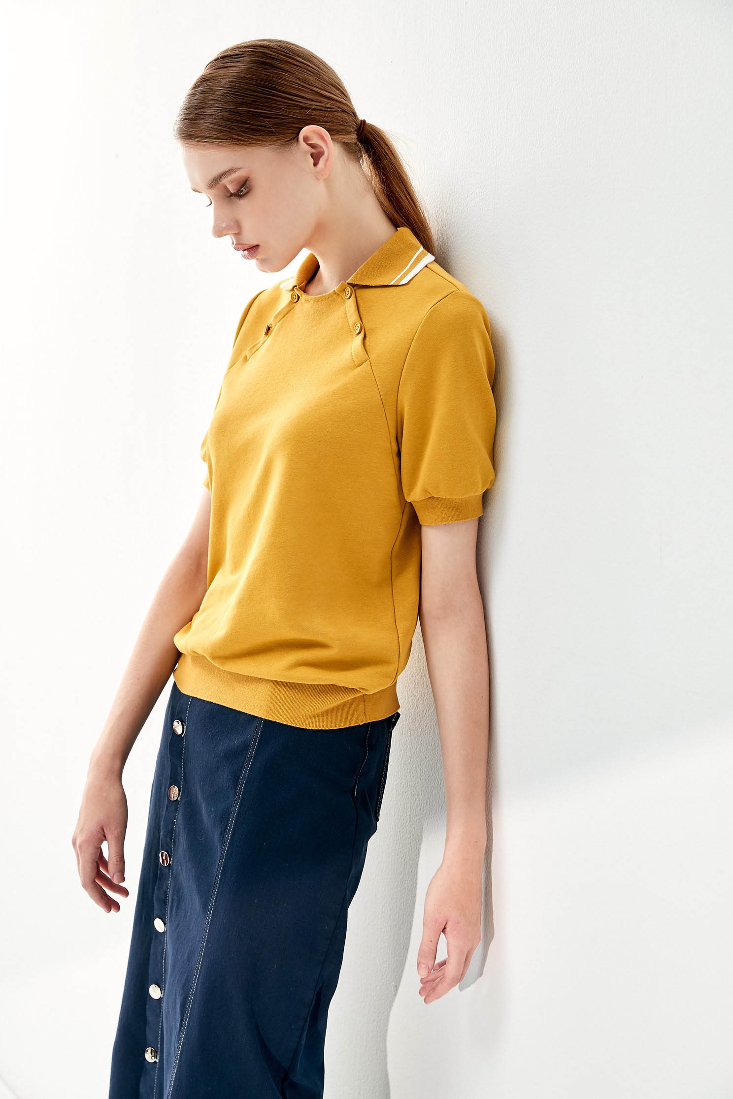 Mustard Collar Short Sleeve TeeLapel short-sleeved sweatshirt,Tops,Season (AW) Look,Sweaters