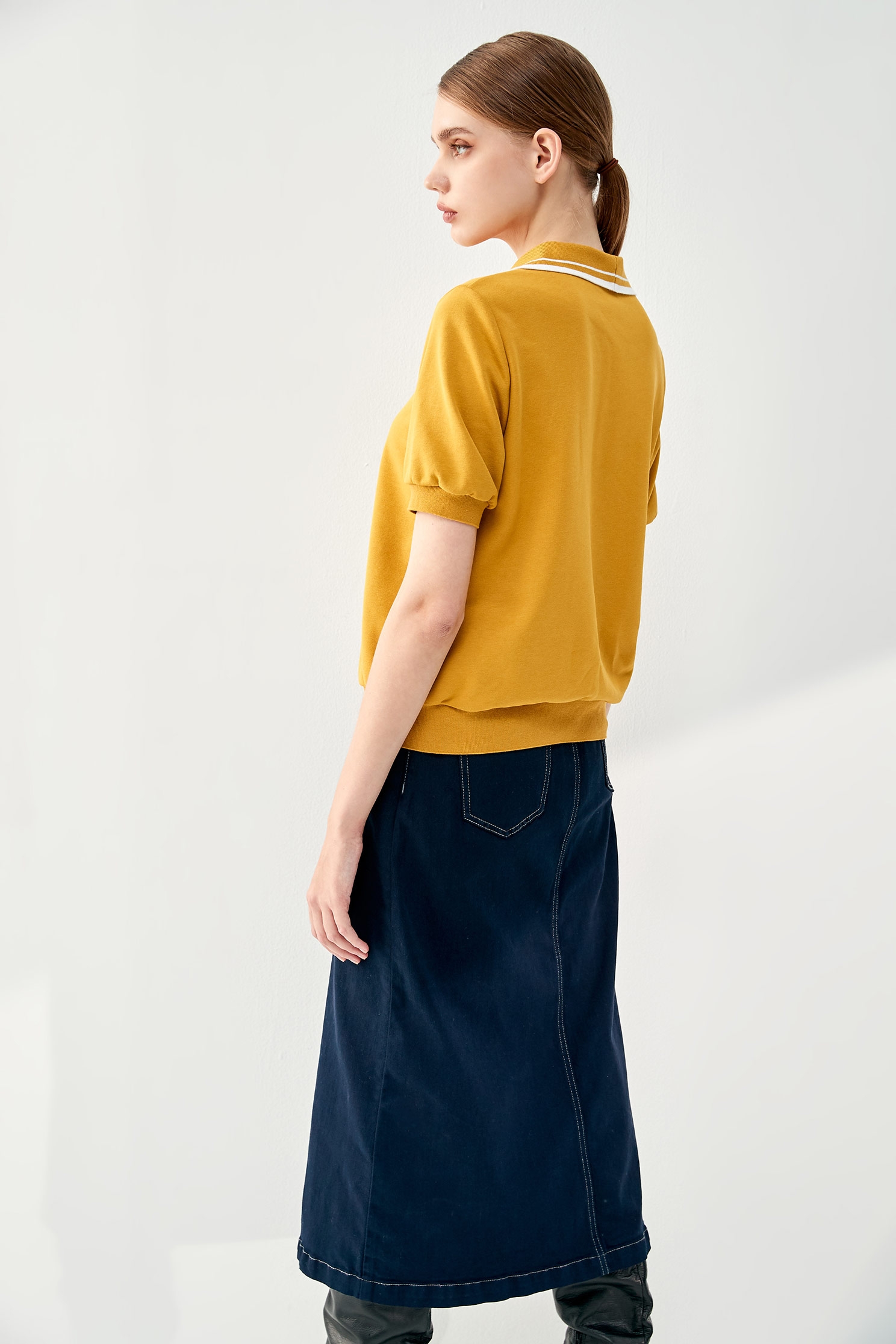 Mustard Collar Short Sleeve TeeLapel short-sleeved sweatshirt,Tops,Season (AW) Look,Sweaters