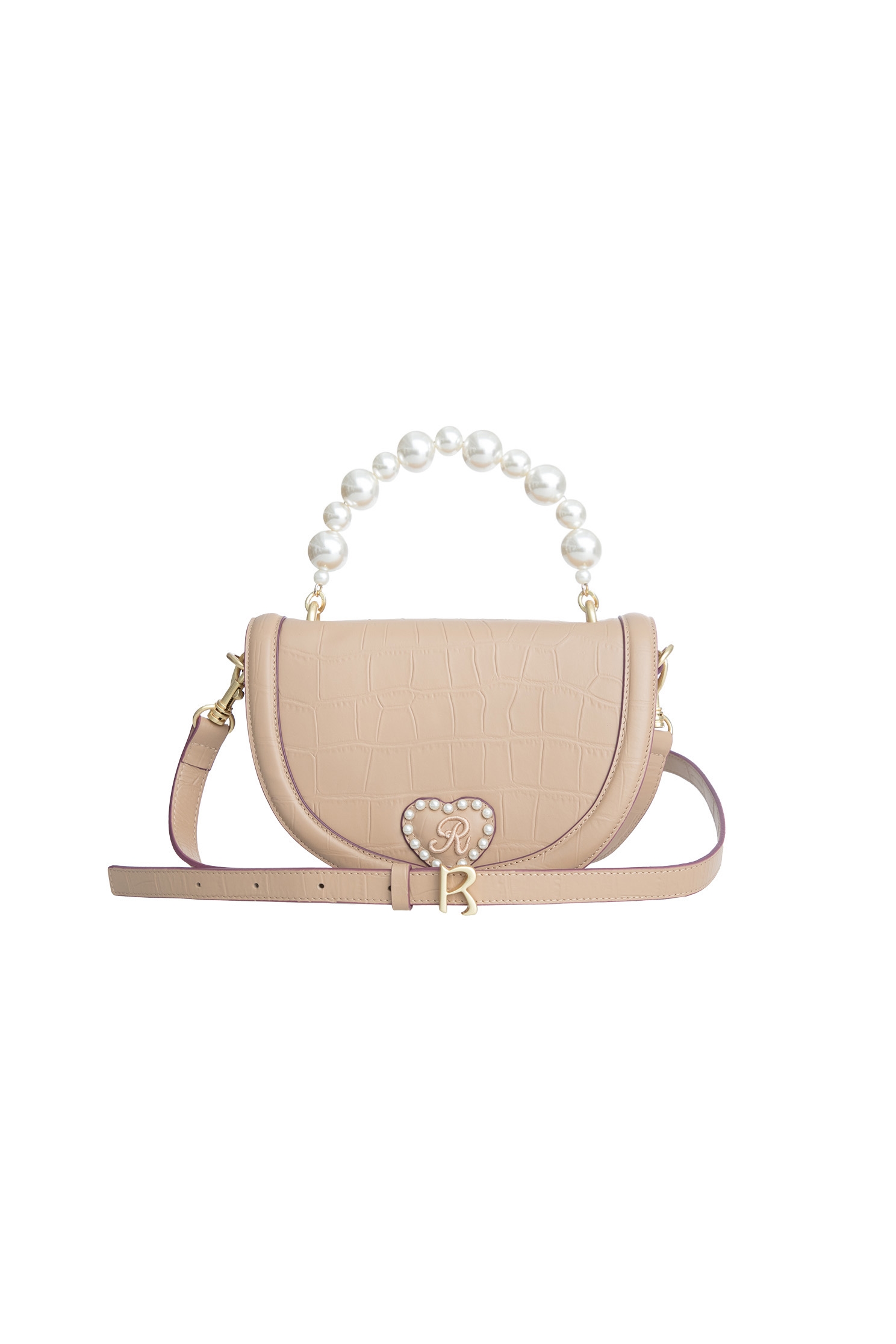 Half Moon Khaki Sling Bag With Pearl DetailHeart leather hobo bag,Crossbody bags,pearl,Leather,Season (AW) Look