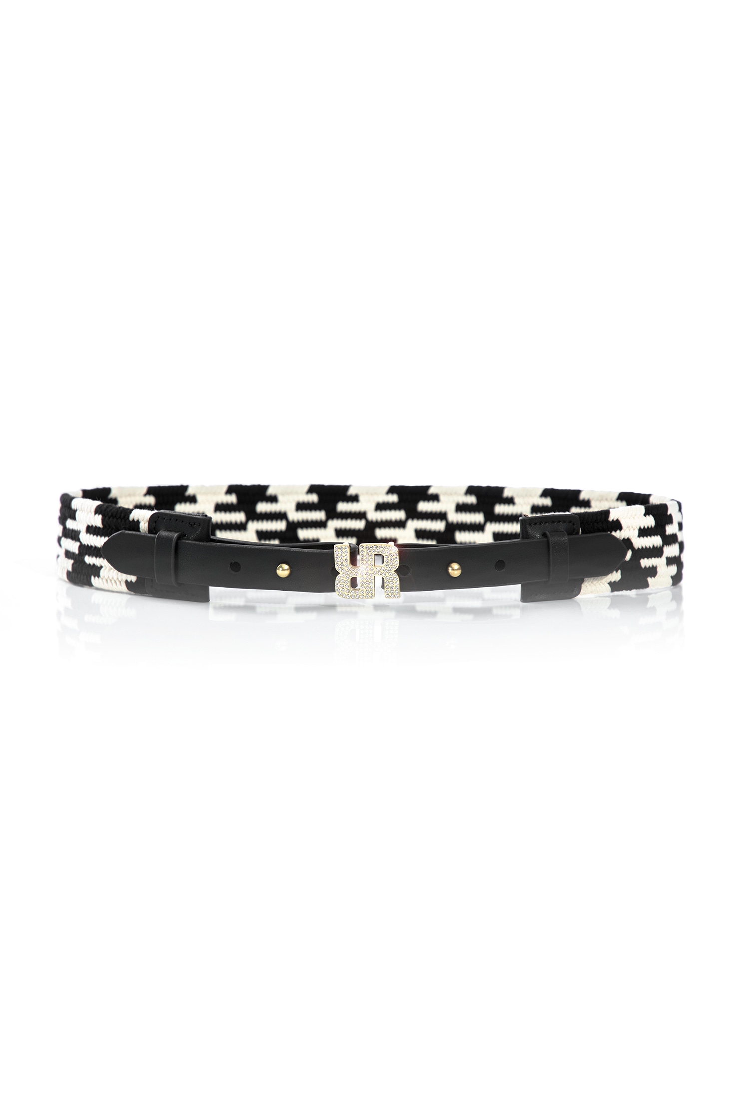 Black White Contrast Logo BeltBlack and white woven wide belt with rhinestones double R design,Season (SS) Look,Belts