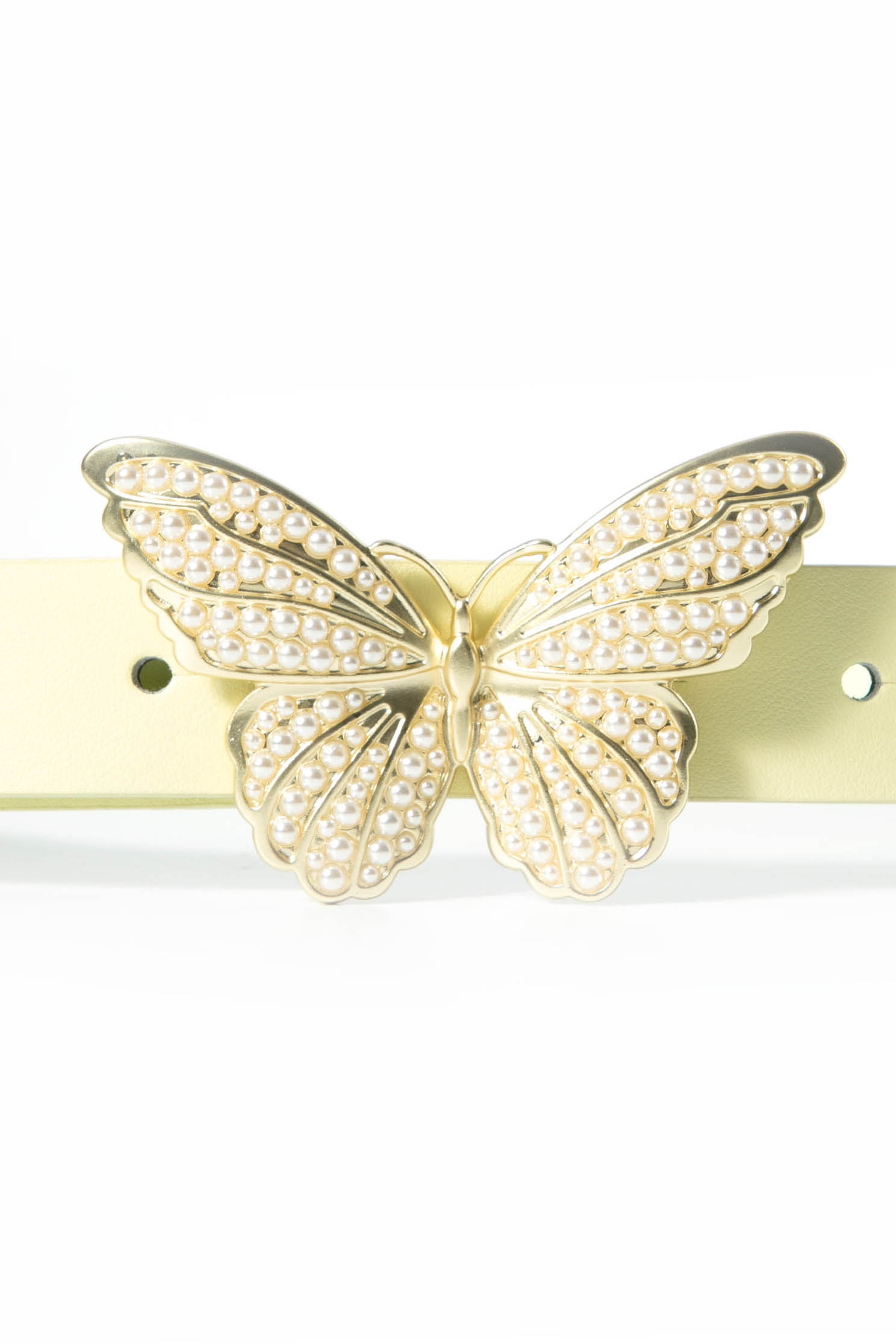 Butterfly Buckle Khaki Leather BeltClassic leather belt with pearl and butterfly design,Season (SS) Look,pearl,Belts,Belts