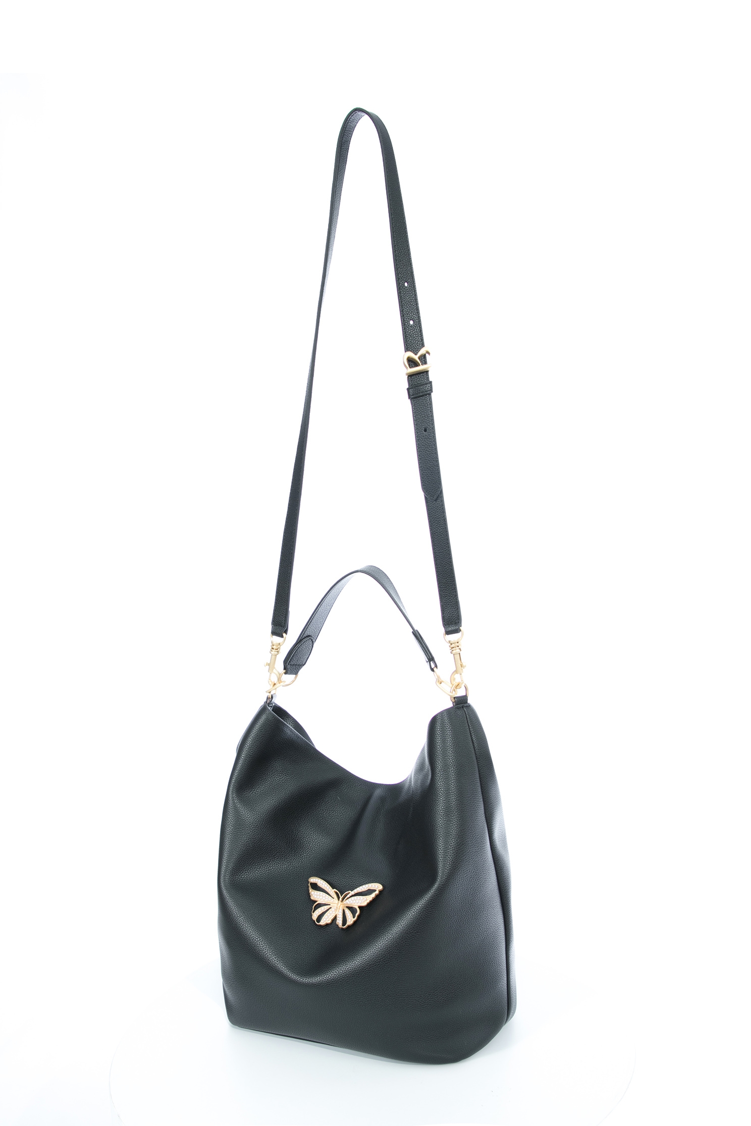 Butterfly Logo Black Leather HandbagClassic leather HOBO bag with pearl and butterfly design,Crossbody bags,Season (SS) Look,pearl